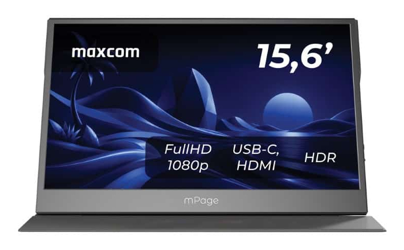 Przenośny monitor Maxcom mPage 15,6 cala z niebieską grafiką, Full HD, USB-C, HDMI i HDR.