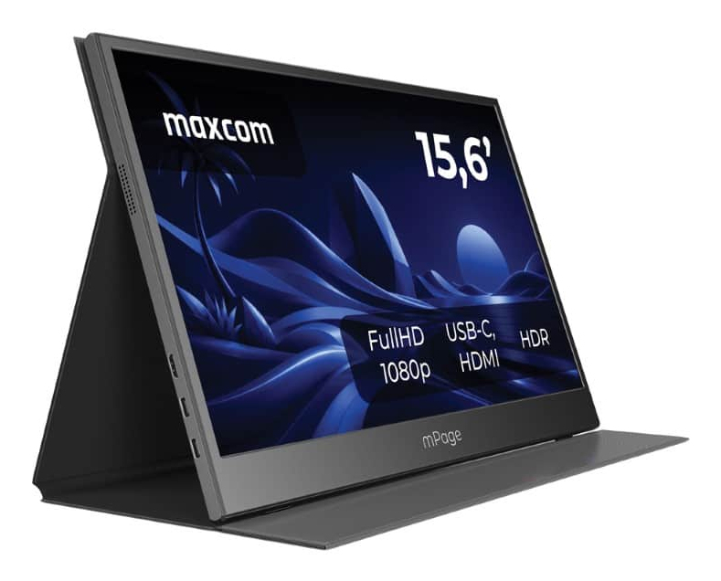 Czarny, przenośny monitor Maxcom 15,6 cala z etui pełniącym funkcję stojaka i ekranem Full HD.