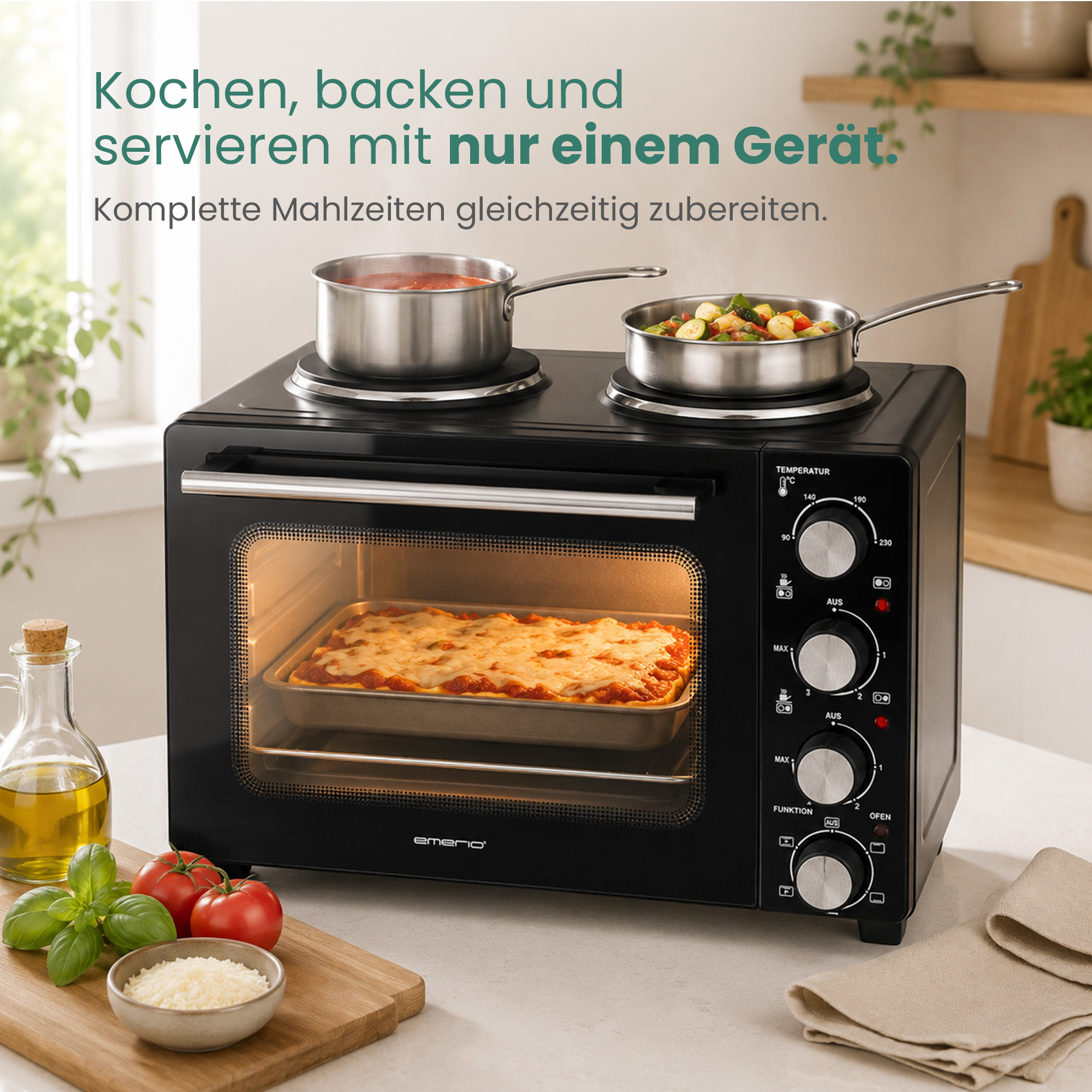 Schwarzer Mini-Ofen mit zwei Kochplatten und gebackenem Gericht drinnen, auf einer Küchenarbeitsplatte.
