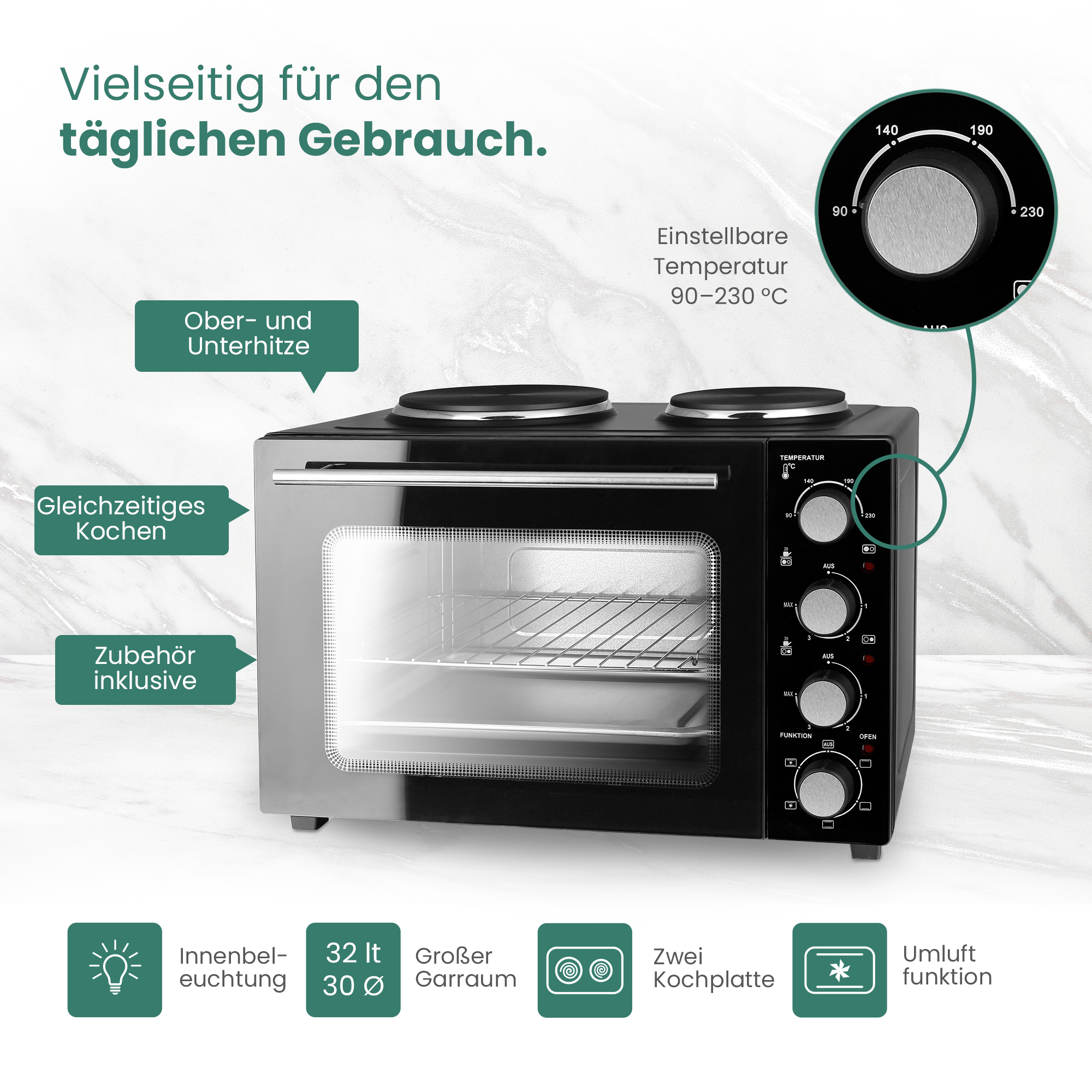 Ein schwarzer Mini-Backofen mit zwei Kochplatten, seitlichen Reglern und Texten zu den Funktionen.