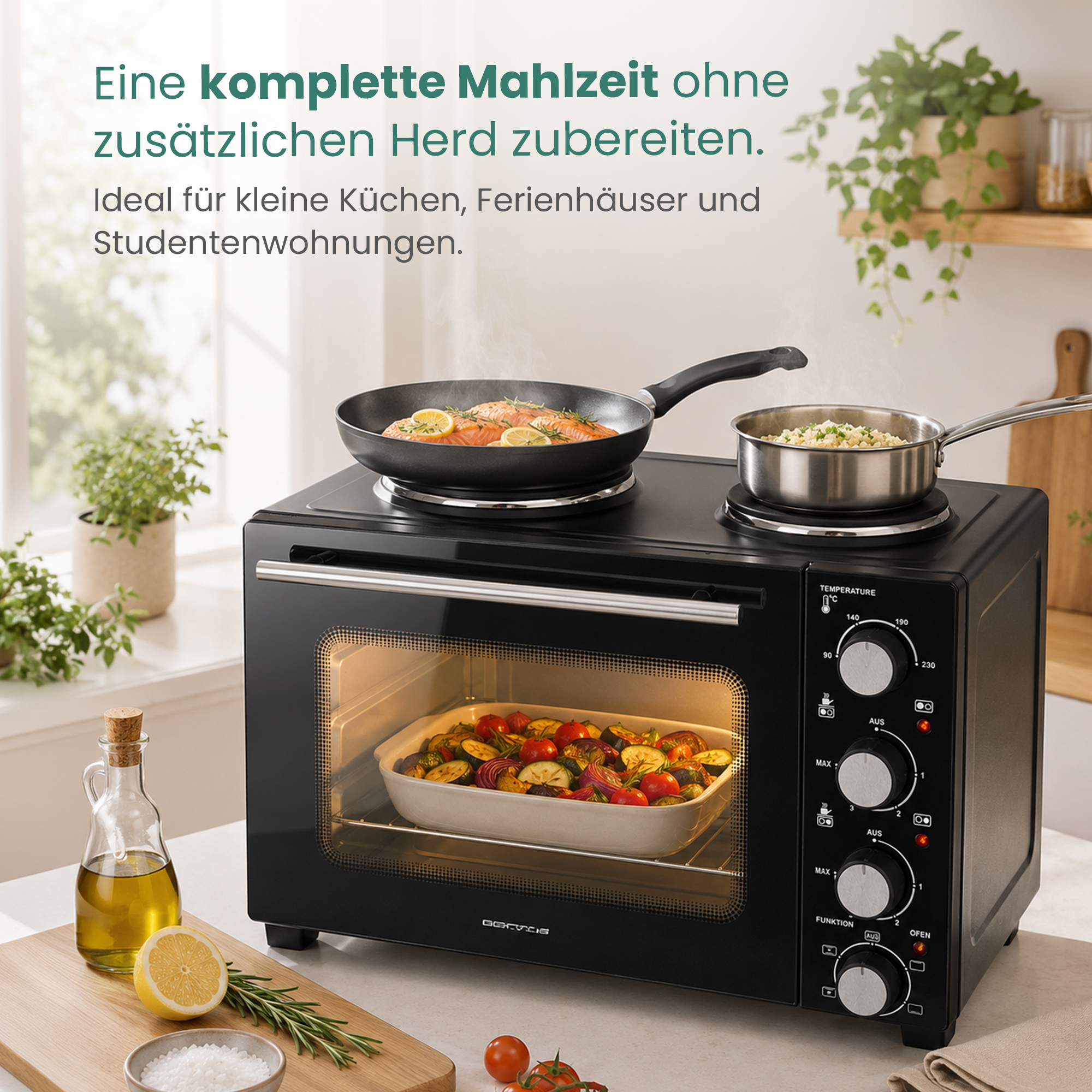 Schwarzer Mini-Ofen mit Kochplatten oben, darauf eine Pfanne mit Fisch und ein Topf mit Reis; innen Gemüse.