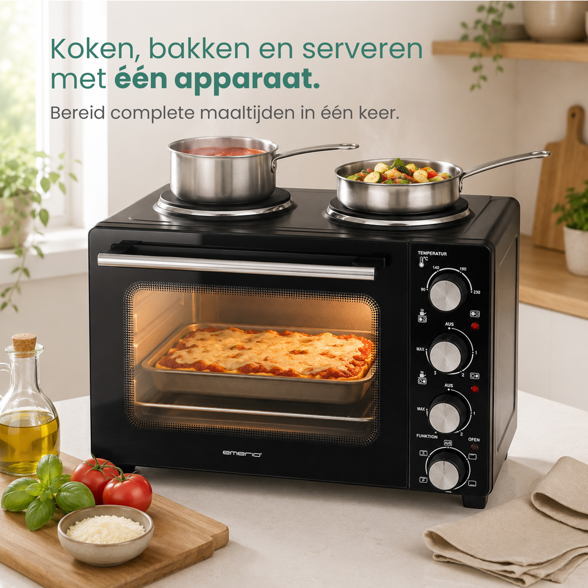 Ein schwarzer Kompaktbackofen mit zwei Herdplatten kocht und backt Speisen in einer Küche.