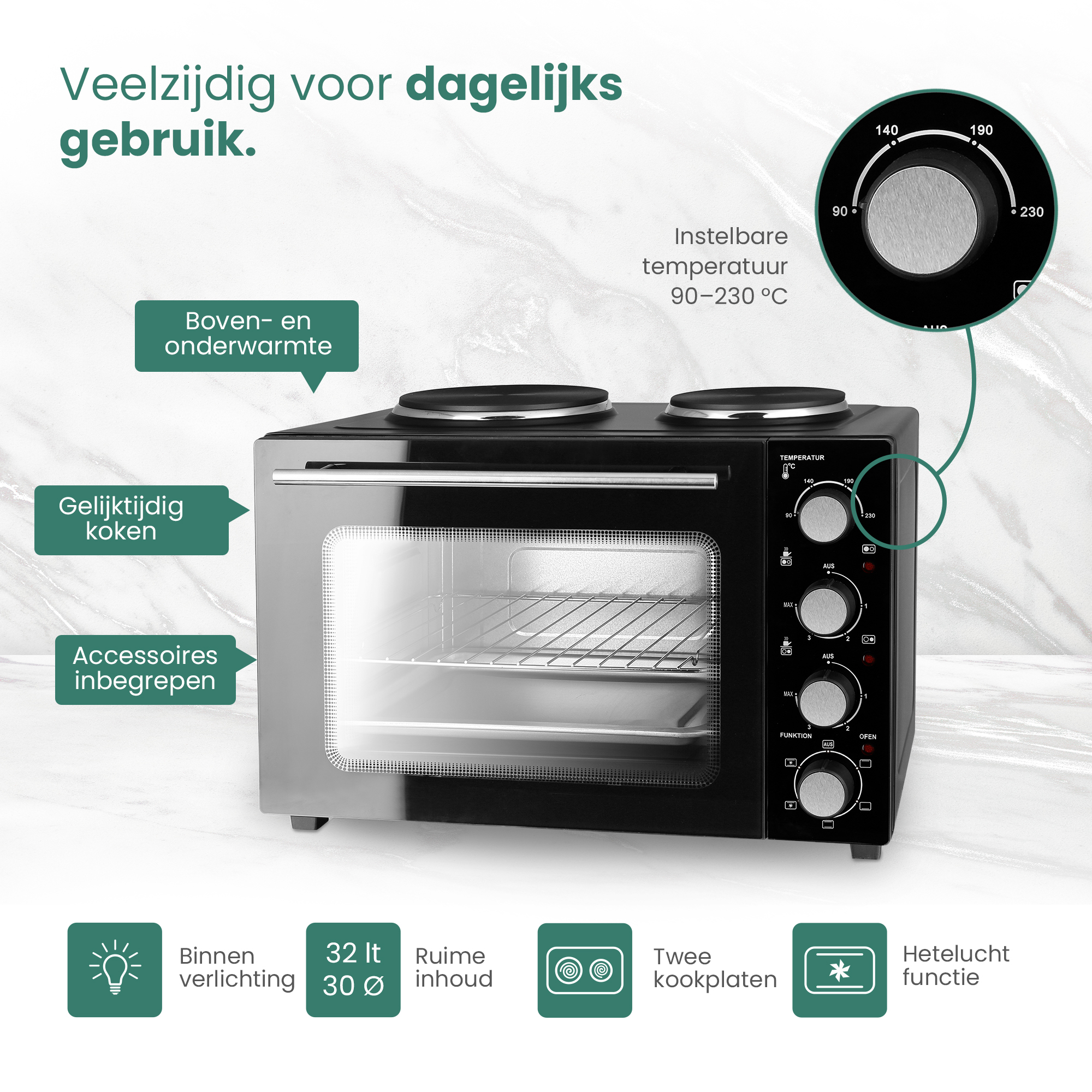 Schwarzer Mini-Ofen mit zwei Kochplatten und Temperaturregler.