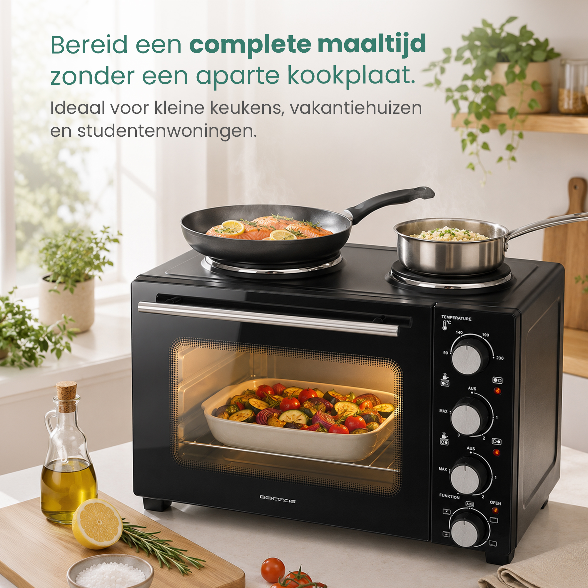 Schwarzer Mini-Ofen mit Kochplatten, Pfanne, Topf und Backform mit Gemüse.