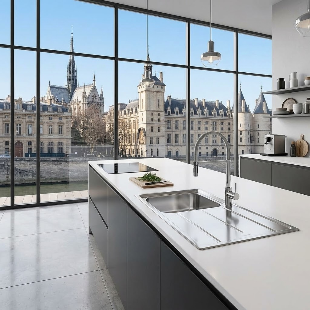 Cucina moderna con un'ampia vetrata che si affaccia su edifici storici vicino a un fiume.