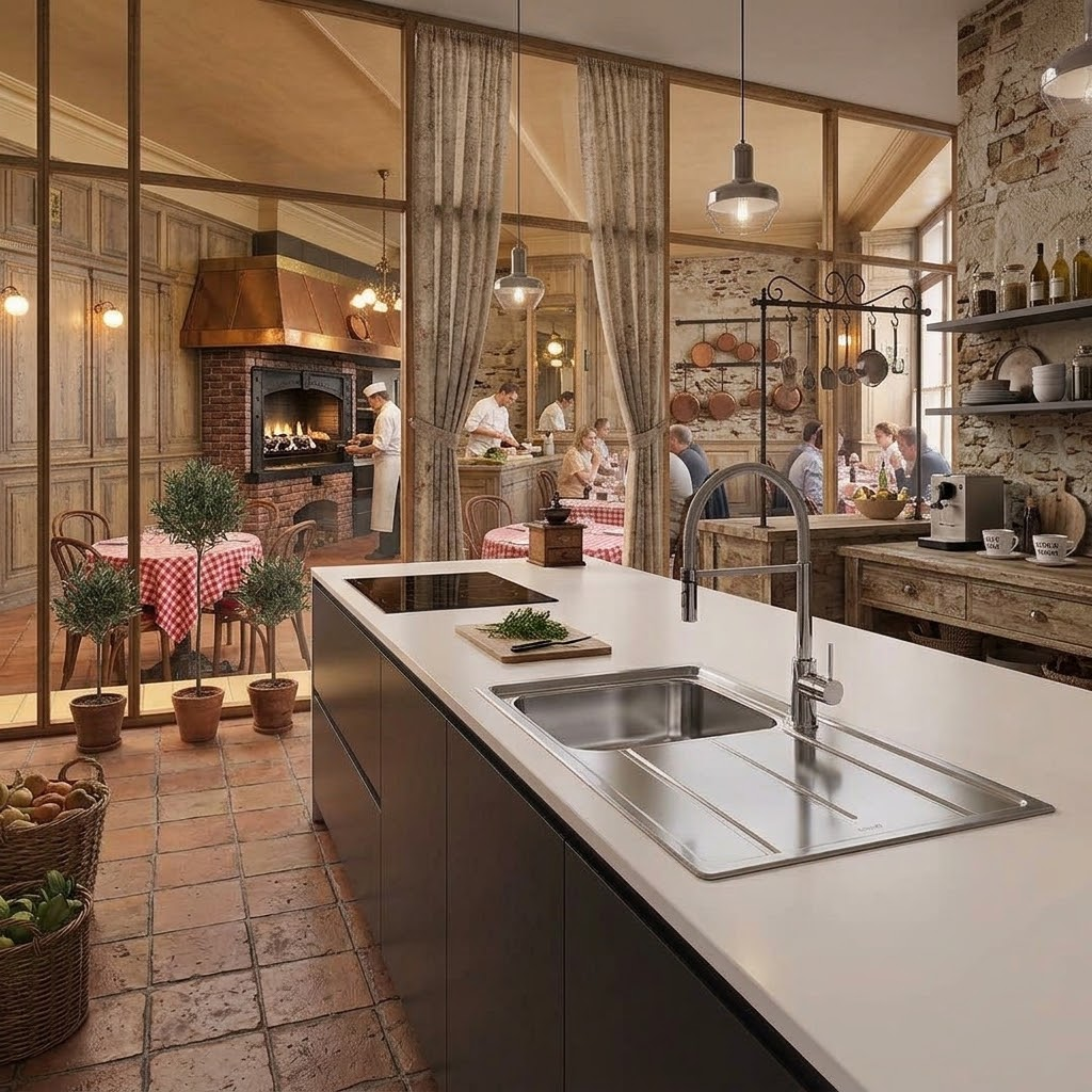 Una cucina rustica con isola bianca, lavello in acciaio e pareti in vetro che mostrano la sala da pranzo.