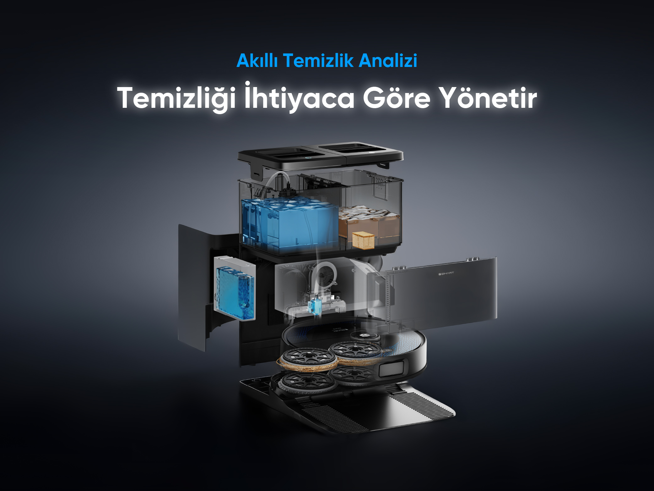 Su depolarını ve temizlik bileşenlerini gösteren akıllı süpürge istasyonunun patlatılmış görünümü.