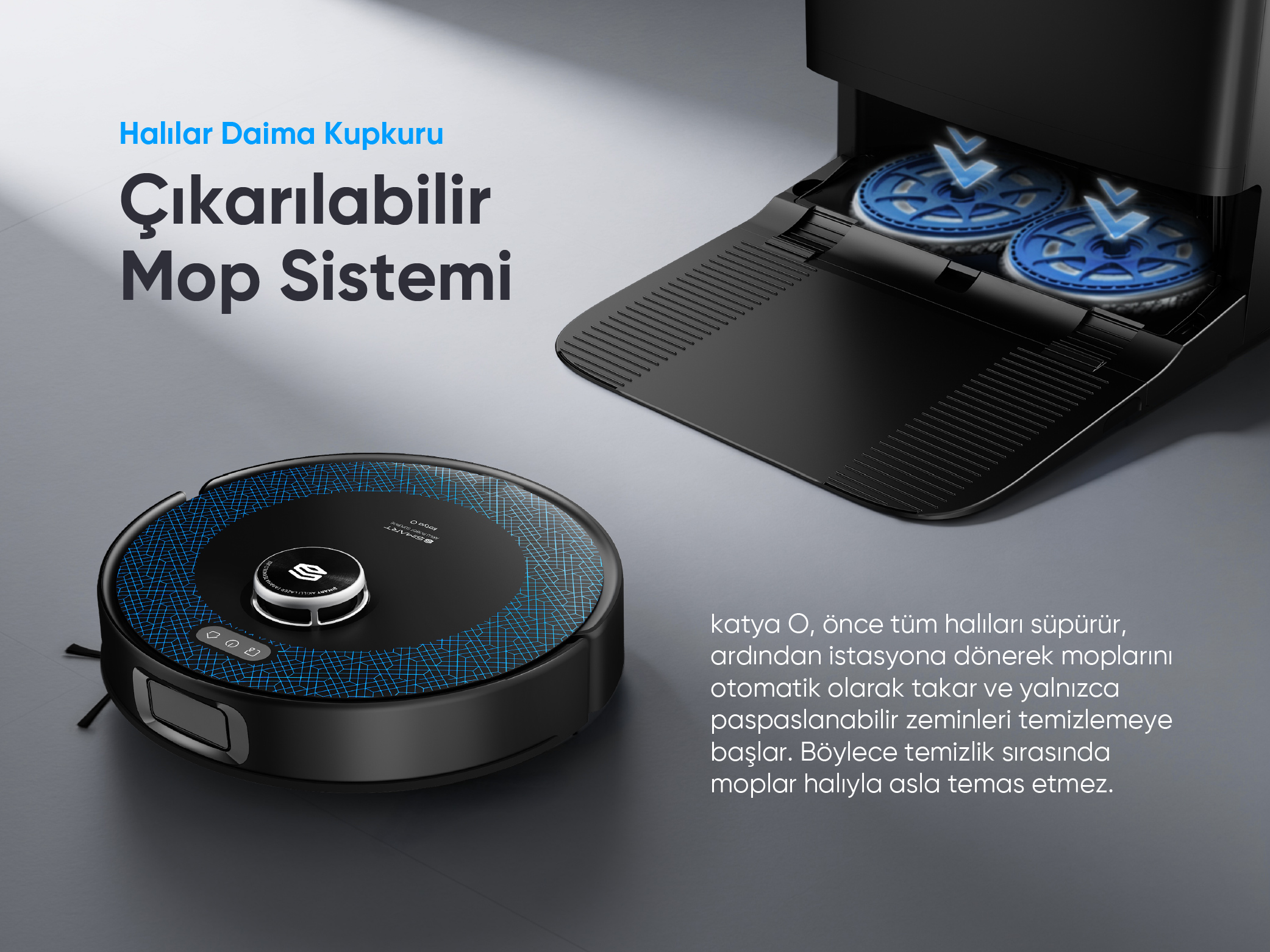 Mavi detaylara sahip siyah bir robot süpürge ve paspas istasyonu.