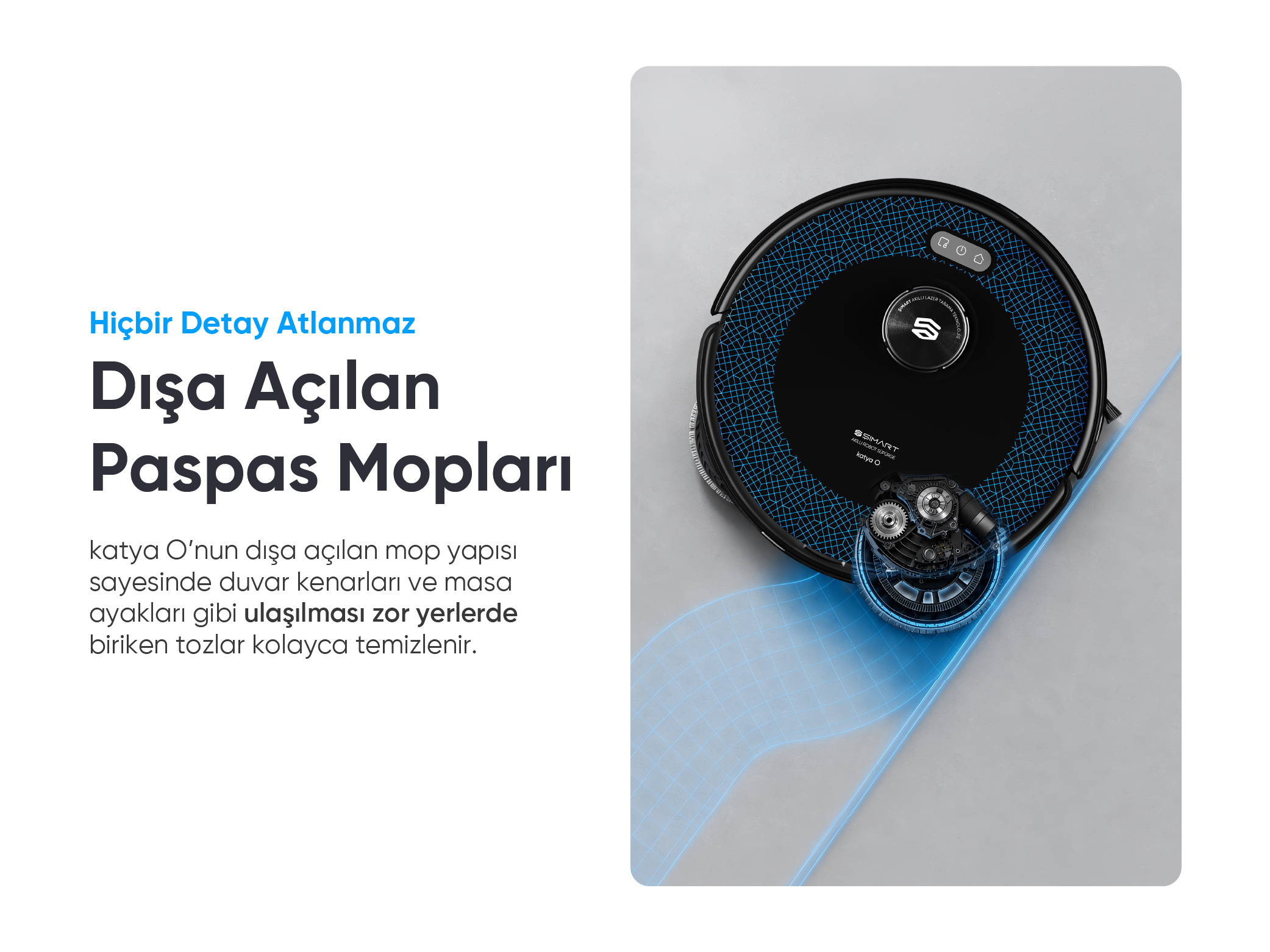 Mavi desenli siyah bir robot süpürgenin üstten görünümü, iç paspas mekanizmasını gösteriyor.