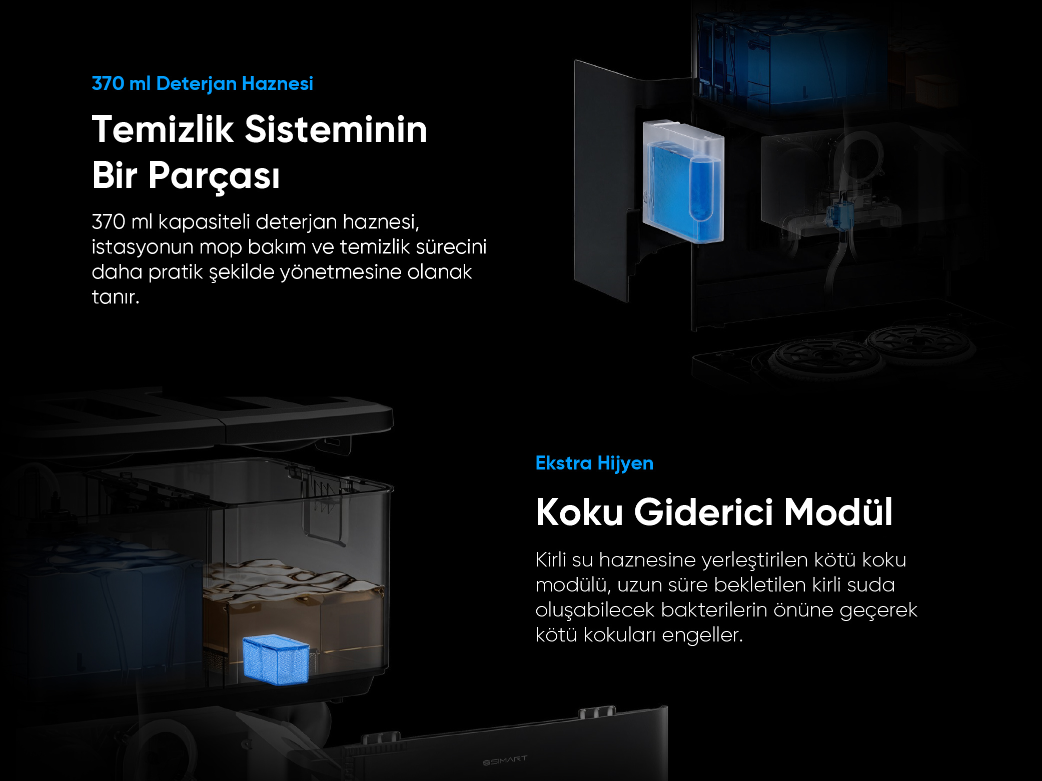 Grafik, temizlik cihazındaki 370 ml deterjan haznesi ve koku giderici modülü gösterir.