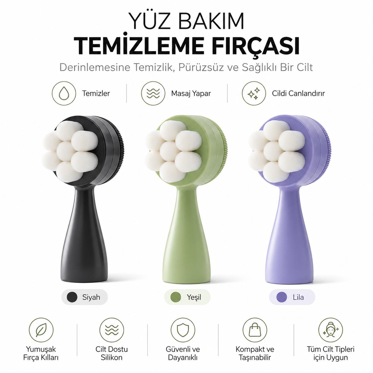 Siyah, yeşil ve lila renklerinde, beyaz kıllı ve Türkçe metinli üç yüz temizleme fırçası.