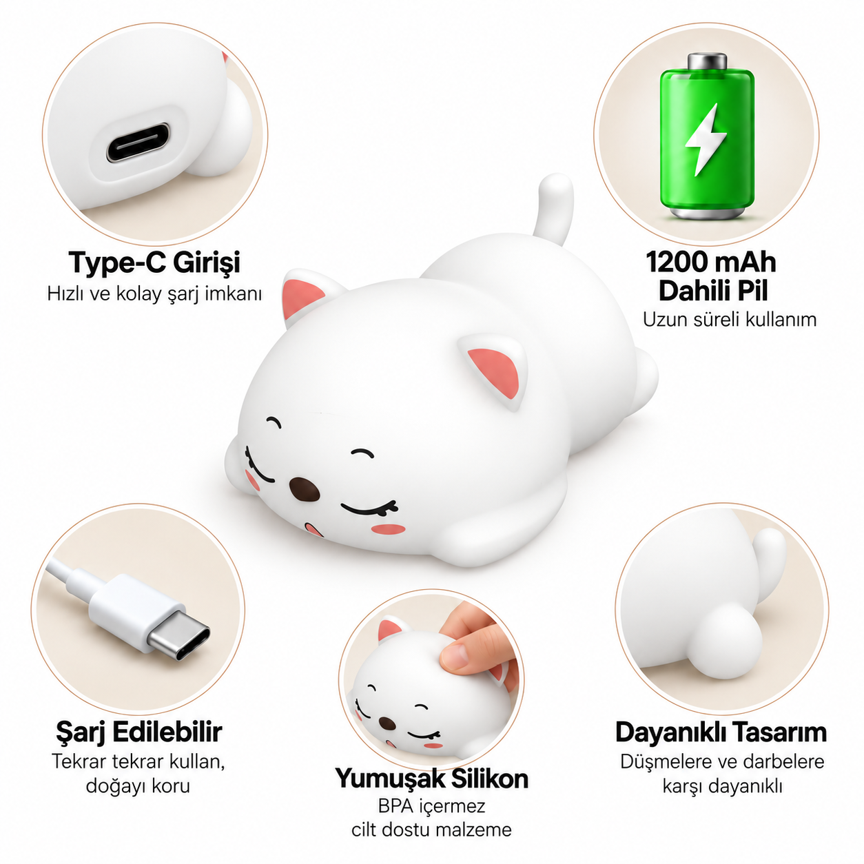 Tip-C portu, pil, yumuşak malzeme ve dayanıklı tasarıma sahip beyaz silikon kedi gece lambası.