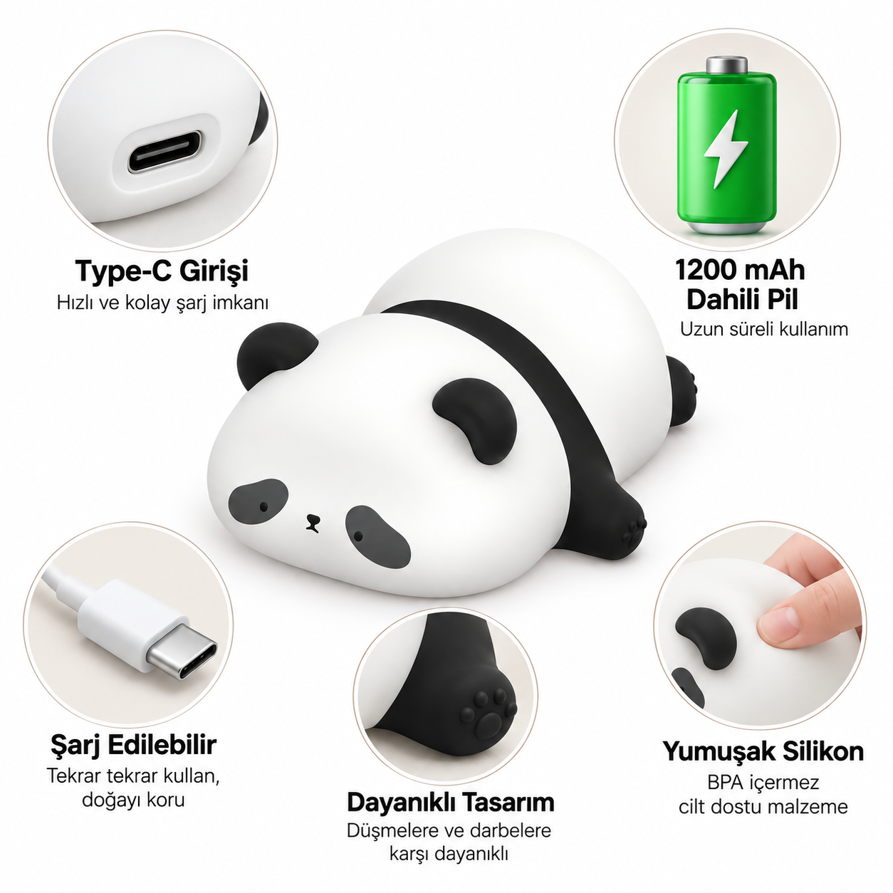 Type-C girişli, bataryalı, yumuşak malzemeli ve dayanıklı tasarıma sahip beyaz panda silikon lamba.