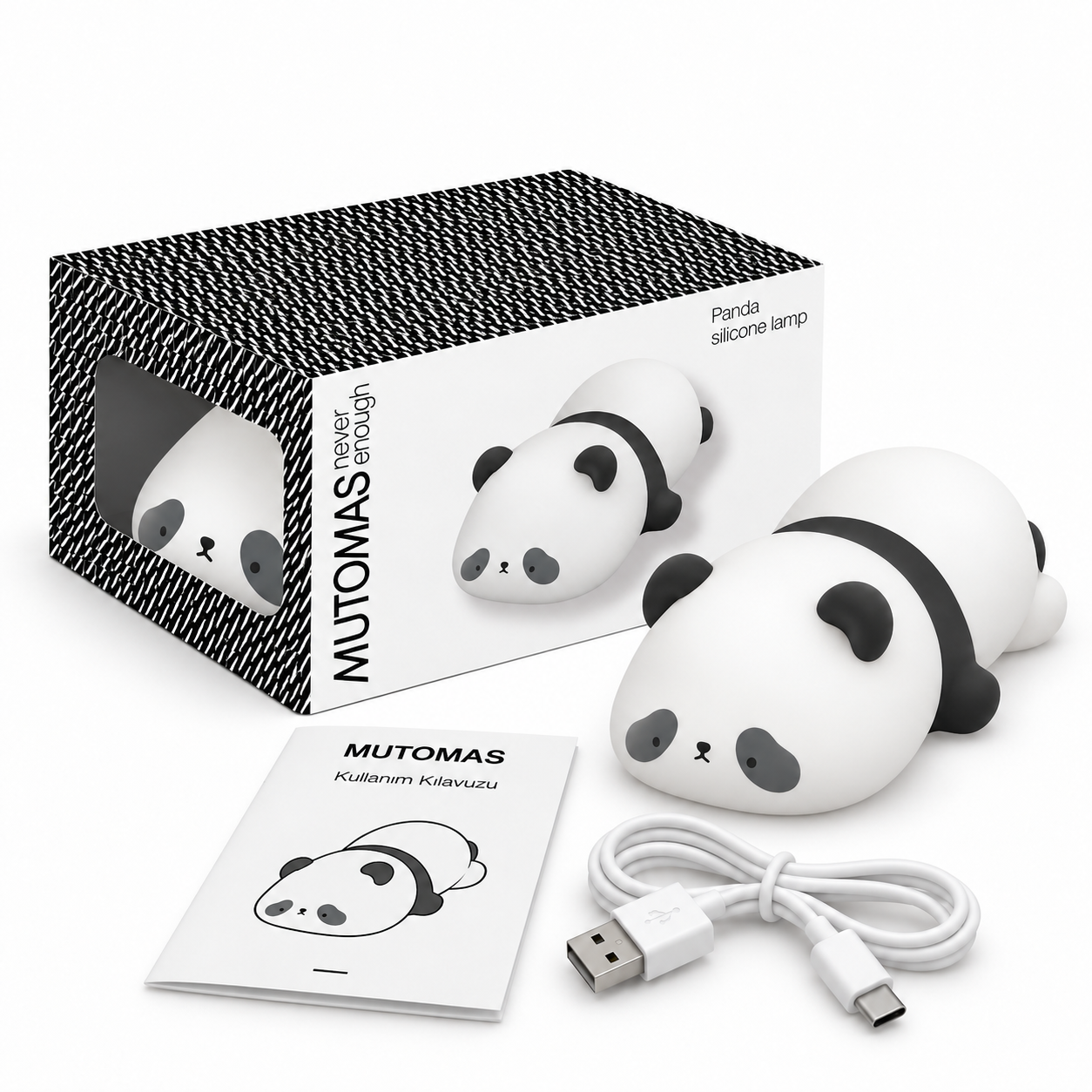 Kutusu, kılavuzu ve USB kablosuyla birlikte siyah beyaz silikon panda lamba seti.