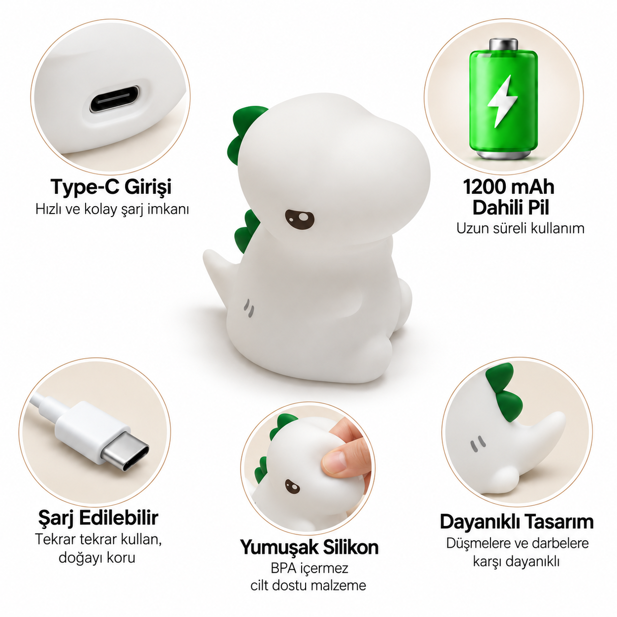 Type-C girişli, yumuşak silikonlu, dayanıklı tasarımlı ve 1200 mAh pilli beyaz dinozor gece lambası.