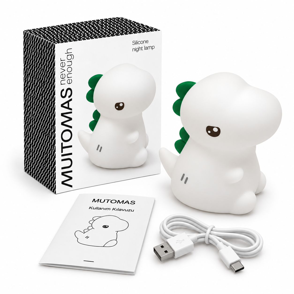 Beyaz arka planda beyaz bir dinozor gece lambası, kutusu, USB kablosu ve kullanım kılavuzu yer alıyor.