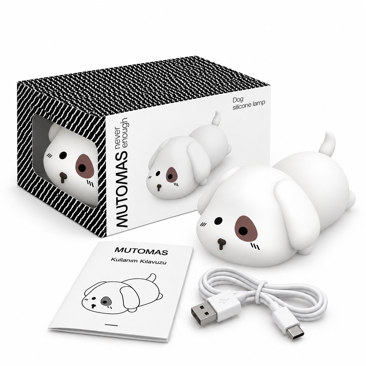 Kutusu, kılavuzu ve USB kablosuyla birlikte beyaz silikon köpek lamba.