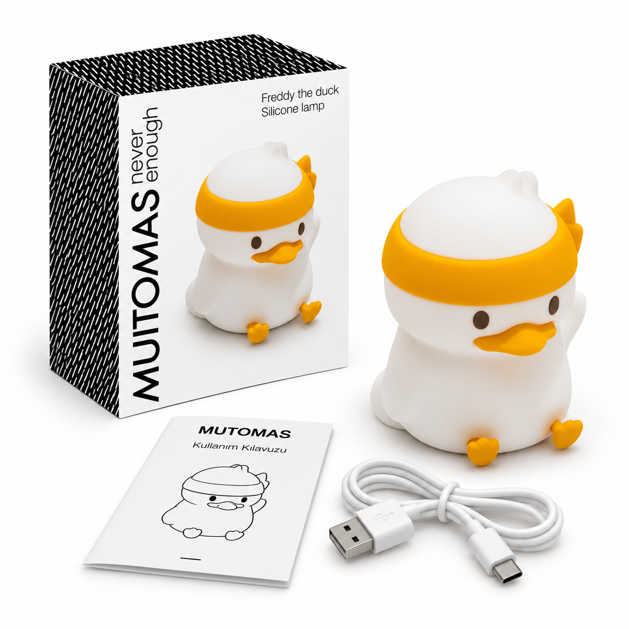 Kutusu, kılavuzu ve USB kablosuyla beyaz ve sarı ördek silikon lamba.