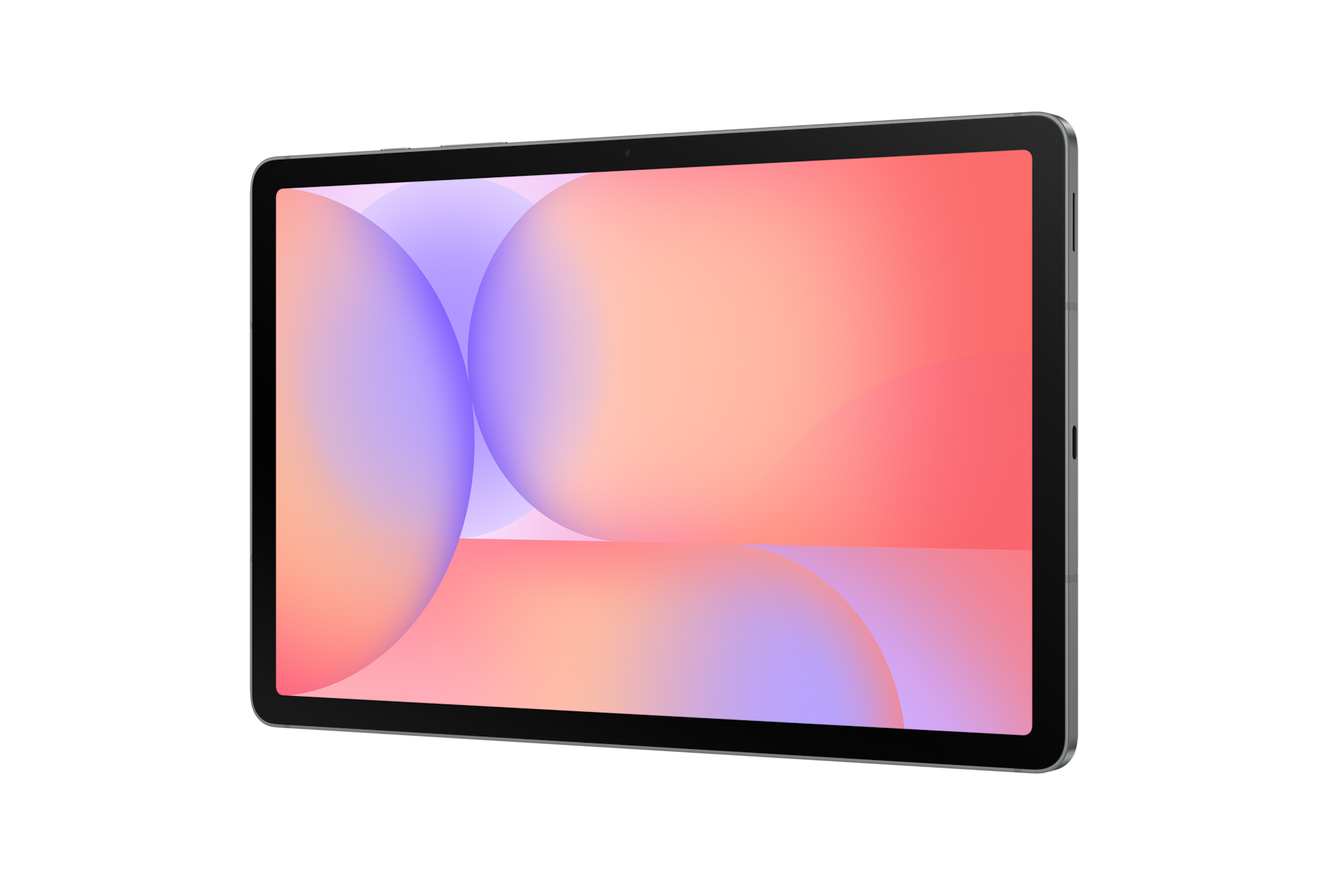 Una tableta con un fondo abstracto rosa y azul en la pantalla sobre un fondo negro.