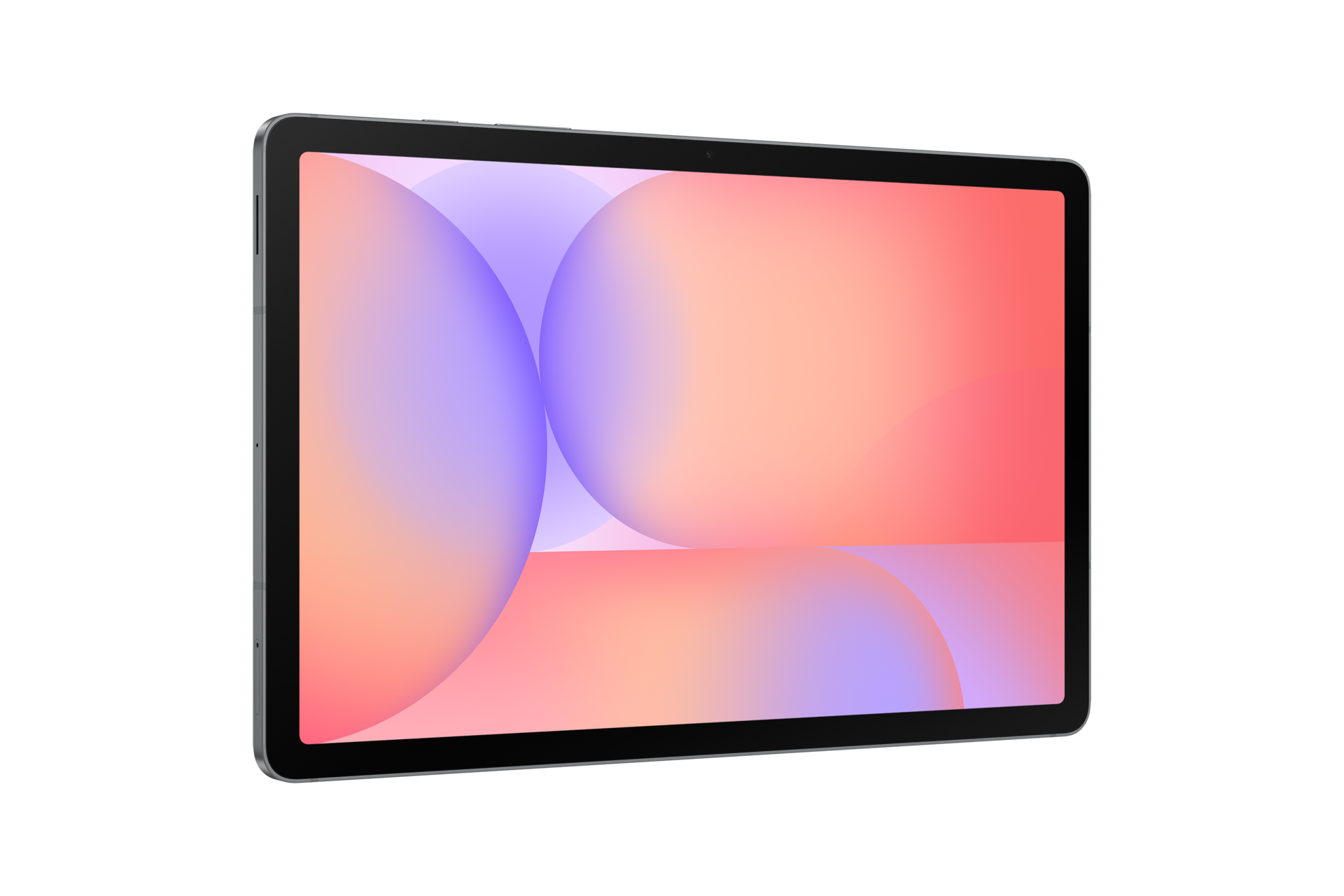 Un tablet con cornice nera mostra uno sfondo astratto colorato in rosa, viola e arancione su sfondo nero.