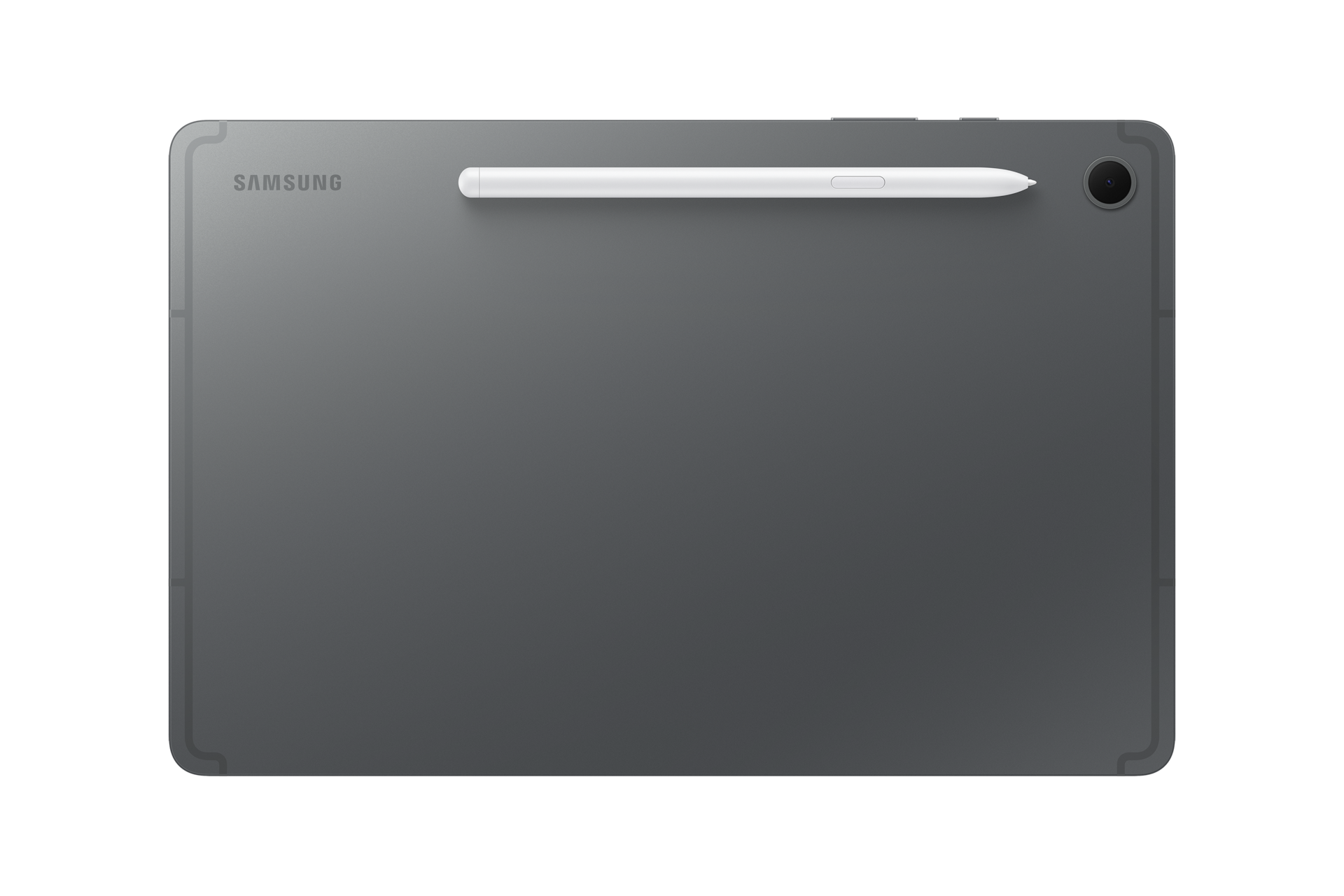 Retro di un tablet grigio Samsung con stilo bianco attaccato e fotocamera.