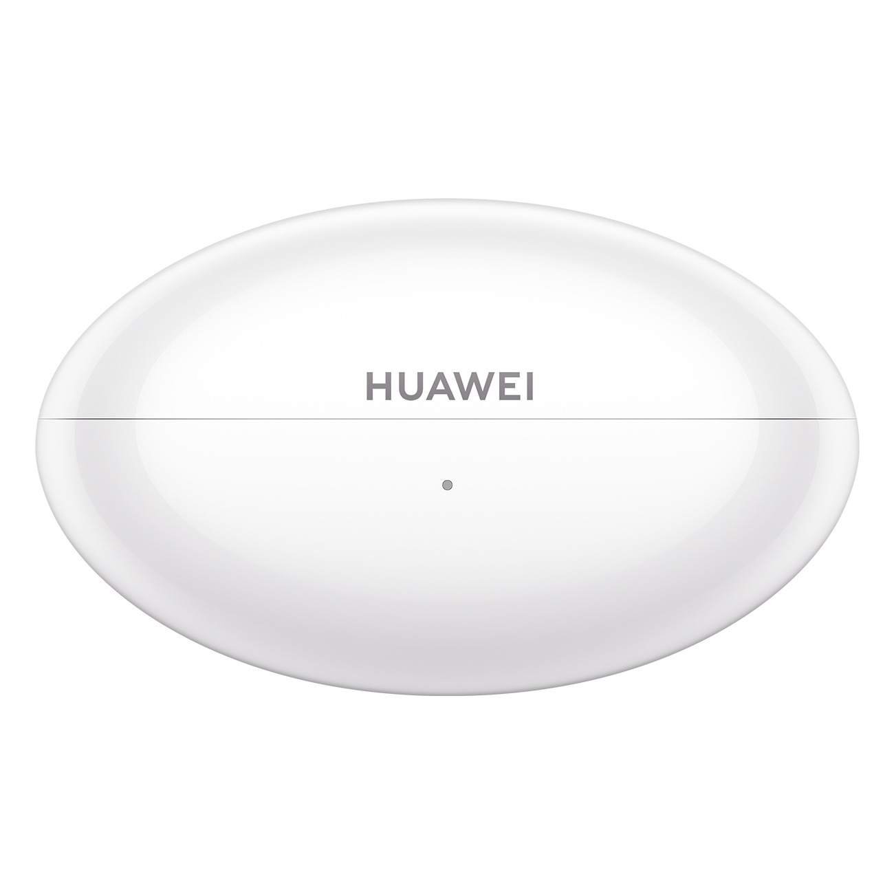 Custodia di ricarica ovale bianca per auricolari Huawei con una piccola luce LED su sfondo bianco.