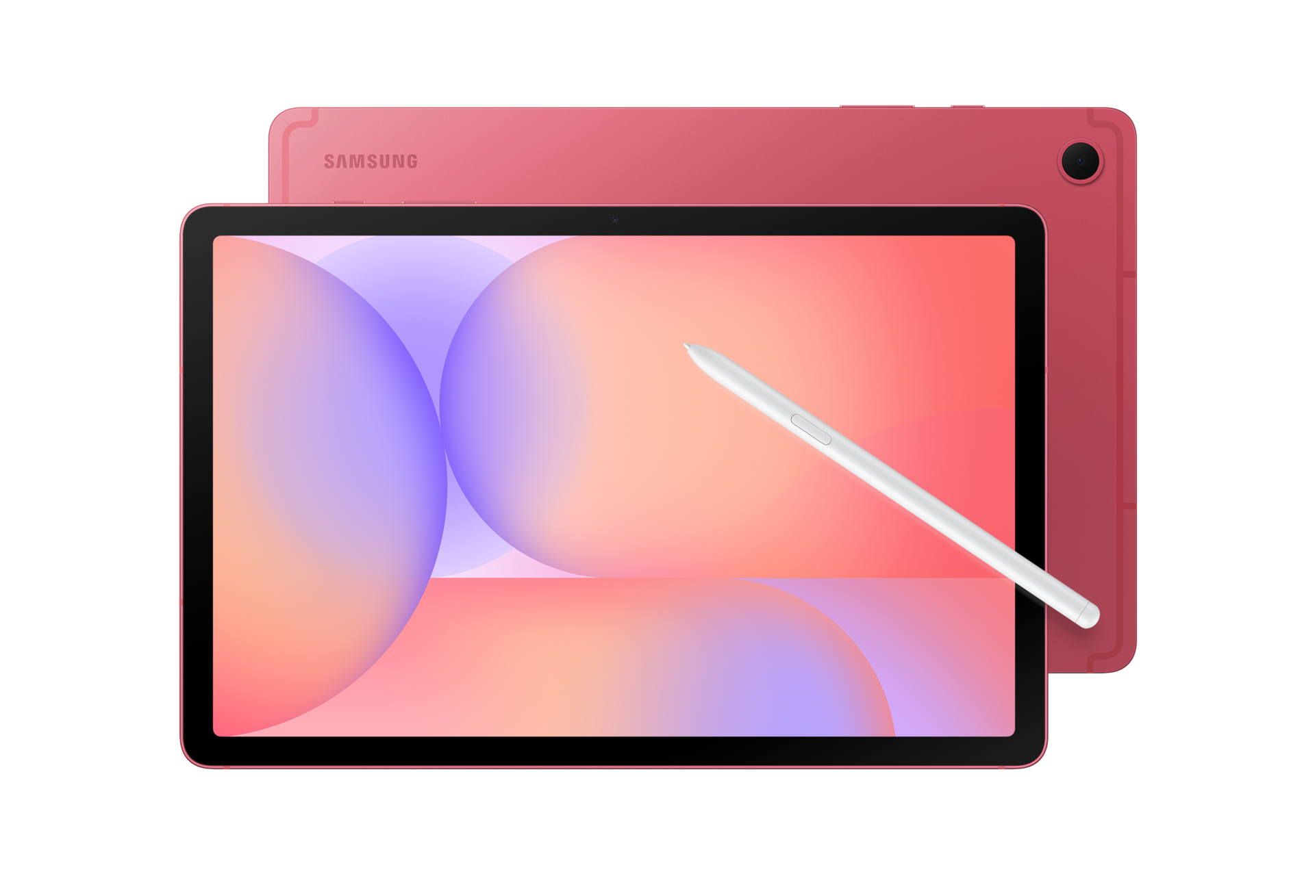Ein rosafarbenes Samsung-Tablet mit einem farbenfrohen abstrakten Hintergrund und einem weißen Stift auf dem Bildschirm vor einem schwarzen Hintergrund.
