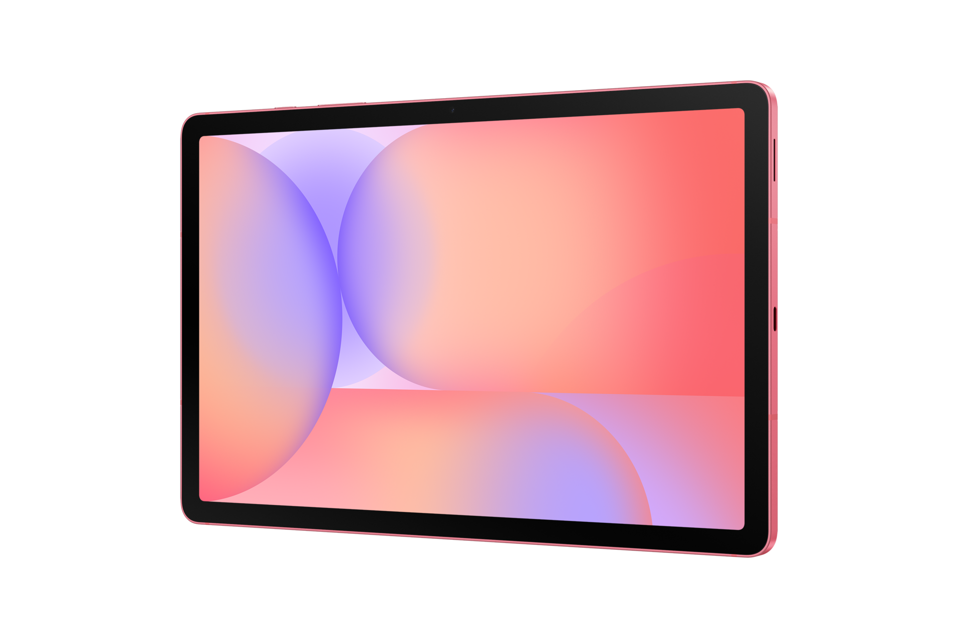 Ein rosafarbenes Tablet zeigt ein abstraktes, farbverlaufendes Hintergrundbild vor schwarzem Hintergrund.