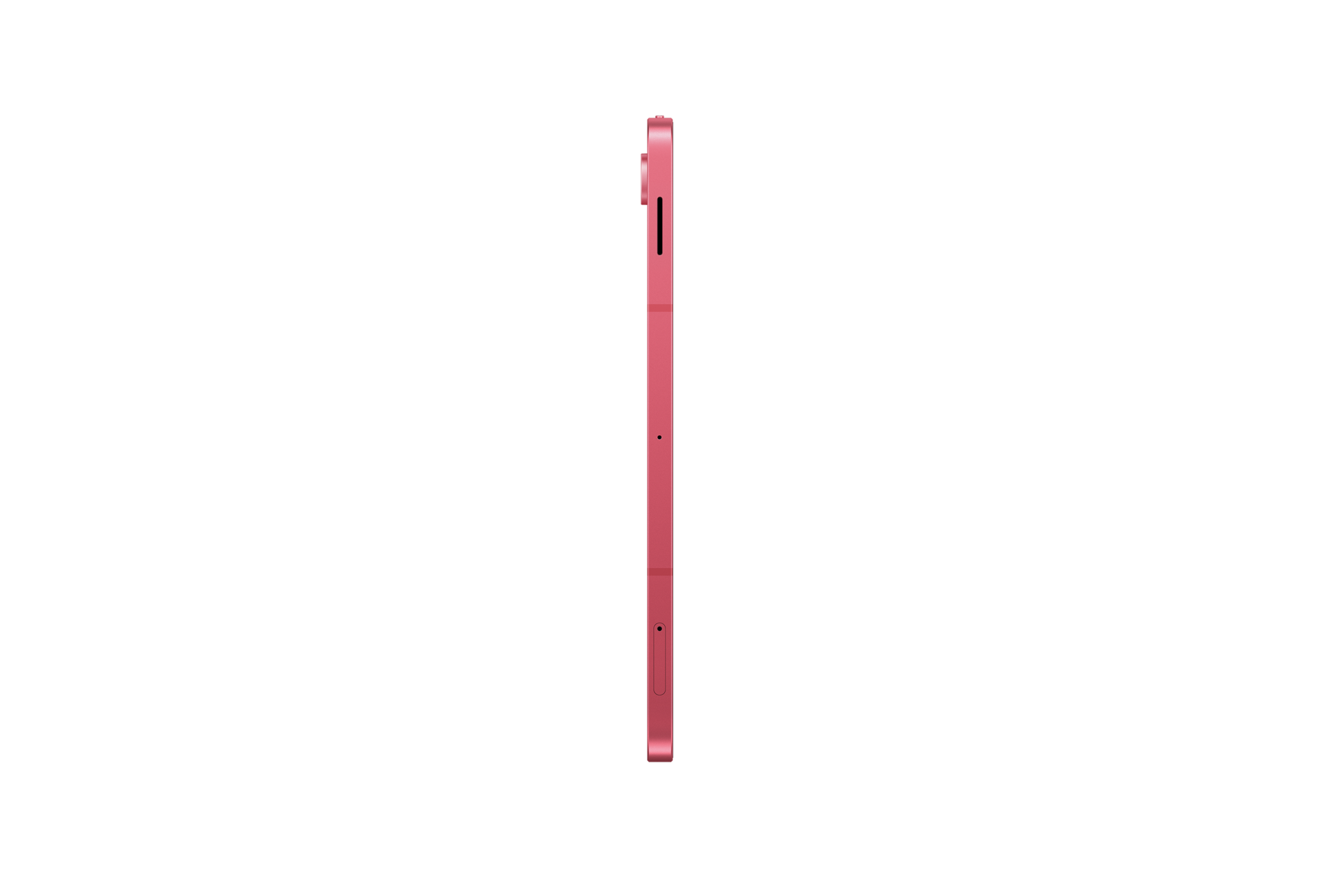 Seitenansicht eines rosa Tablets auf schwarzem Hintergrund mit sichtbaren Tasten.