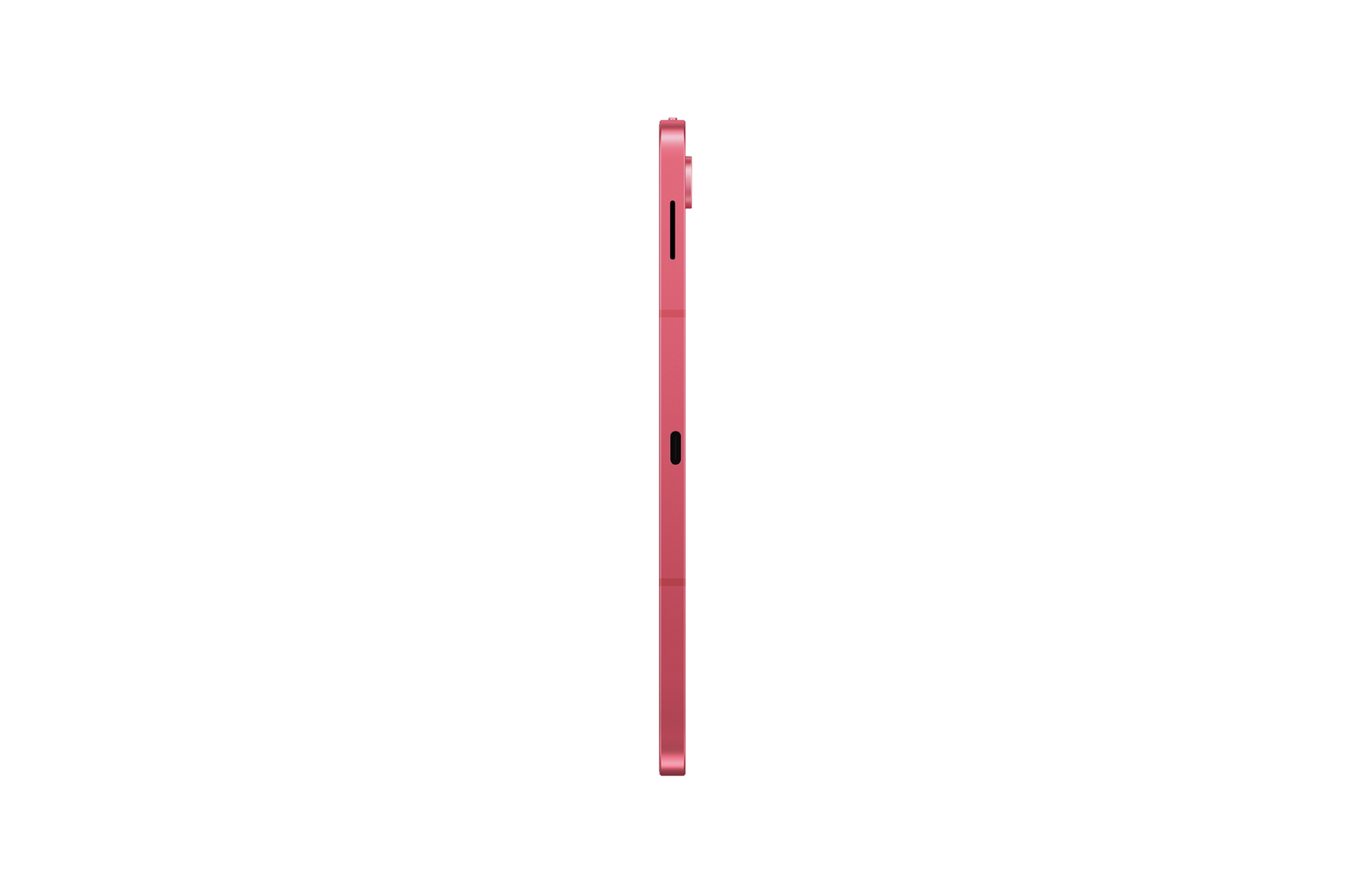 Seitenansicht eines rosa Tablets auf schwarzem Hintergrund mit sichtbaren Tasten.
