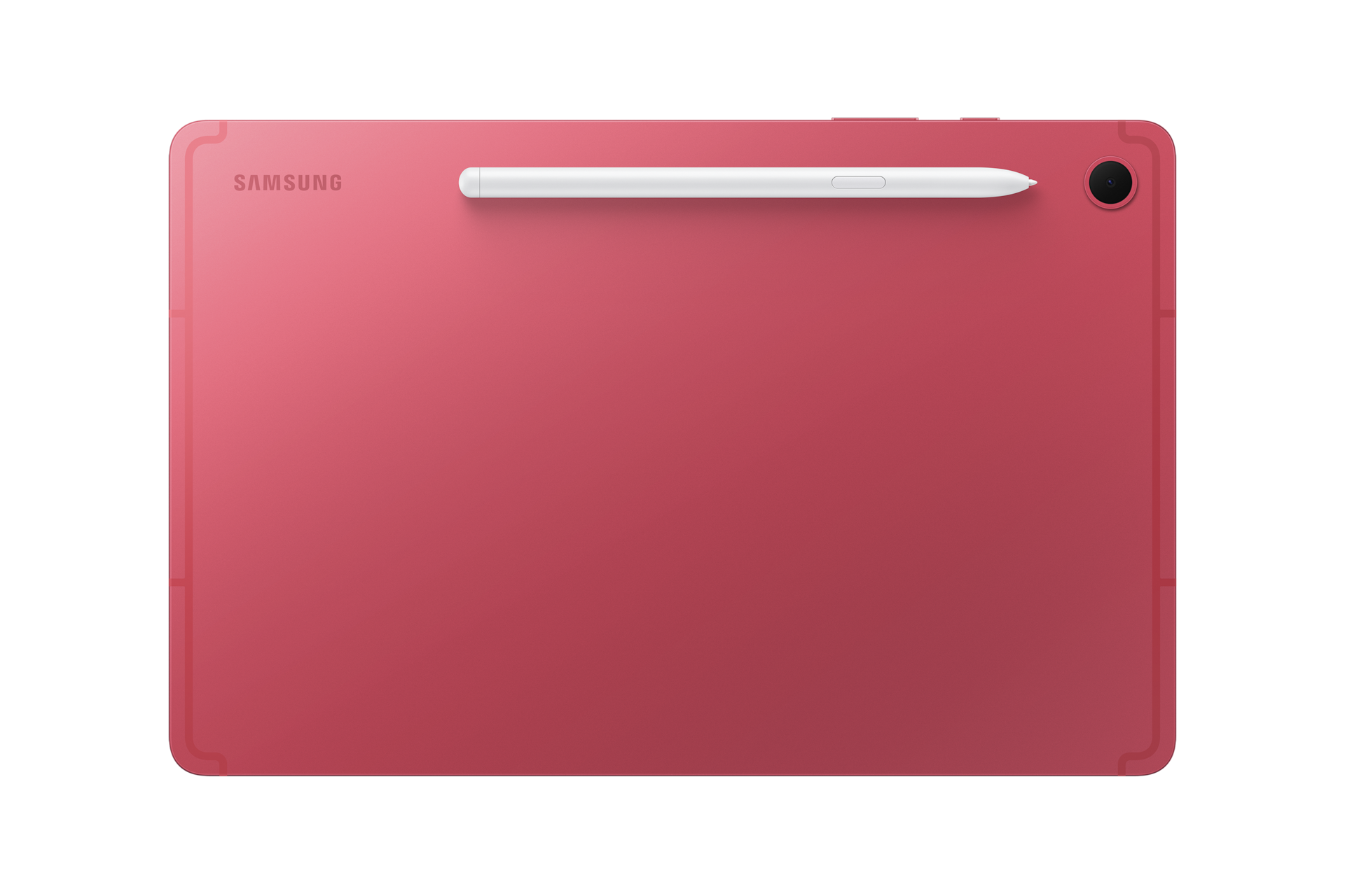 Rückseite eines roten Samsung-Tablets mit anhaftendem weißen Eingabestift und Kamera.