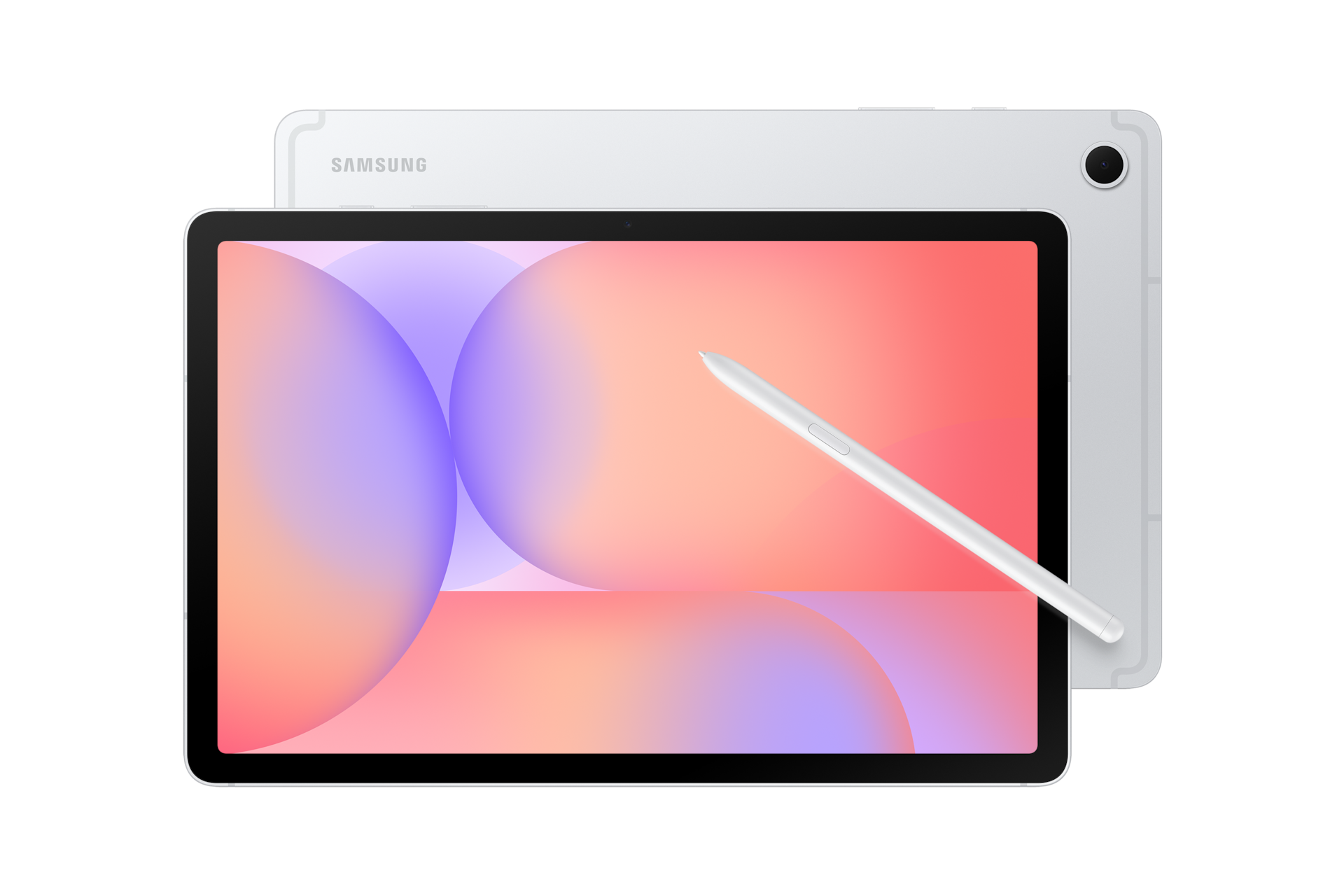 Ein silbernes Samsung-Tablet mit Stift zeigt ein abstraktes rosa-violettes Display vor schwarzem Hintergrund.
