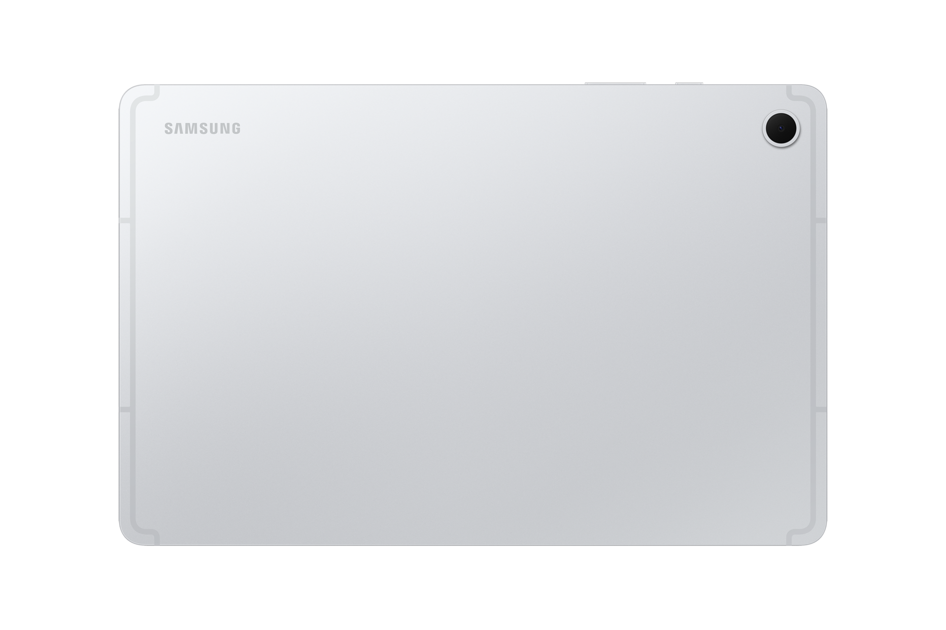 Die Rückseite eines silbernen Samsung-Tablets mit Kameralinse und Samsung-Logo auf schwarzem Hintergrund.