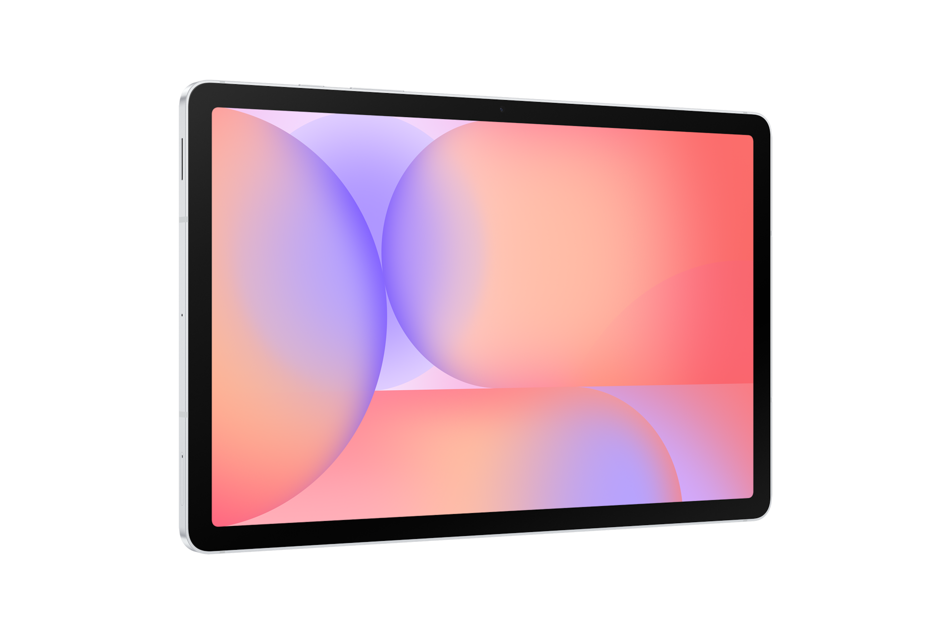 Ein Tablet mit silbernem Rahmen und einem farbenfrohen, abstrakten Hintergrund auf dem Bildschirm vor schwarzem Hintergrund.