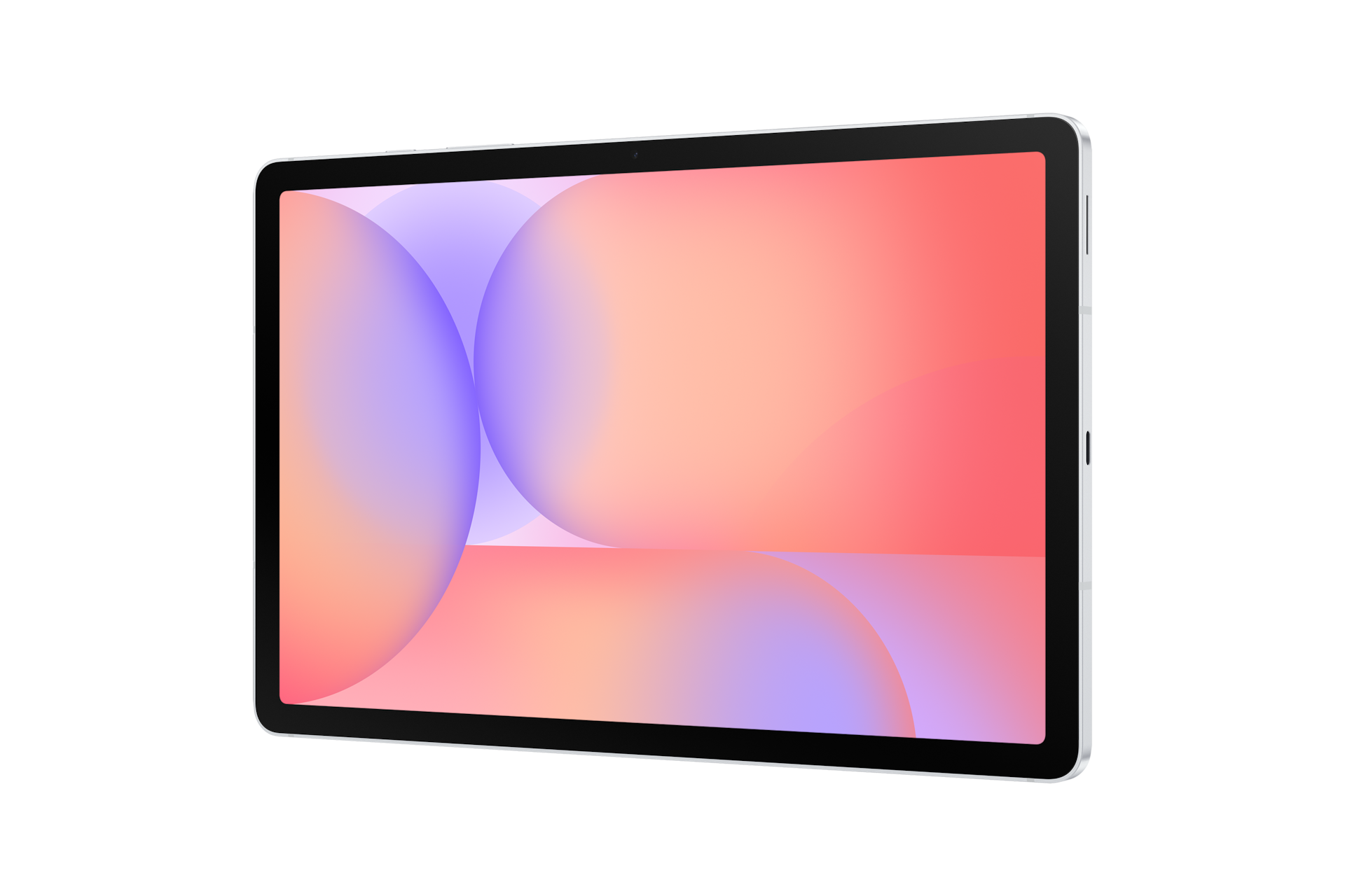 Ein silbernes Tablet mit einem farbenfrohen, abstrakten Hintergrund auf dem Bildschirm, isoliert auf schwarzem Grund.