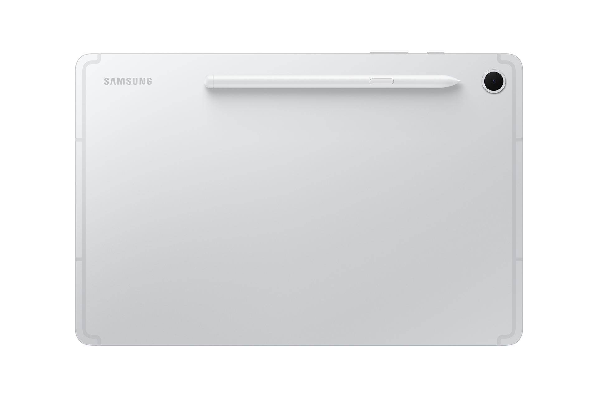 Rückseite eines weißen Samsung-Tablets mit anhaftendem Stift und einzelner Kamera auf schwarzem Hintergrund.