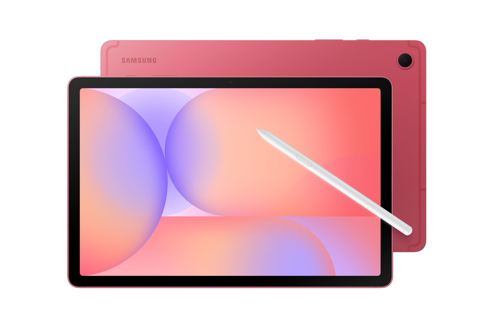 Ein rotes Samsung-Tablet mit Stift vor schwarzem Hintergrund.
