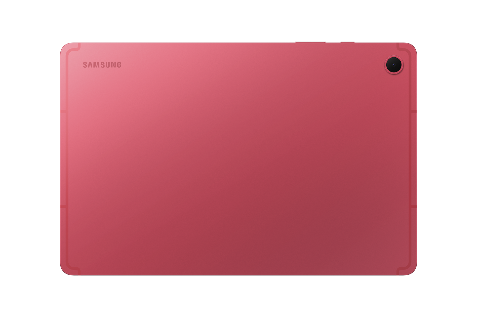Il retro di un tablet Samsung rosso con una fotocamera in alto a destra e il logo Samsung sul lato sinistro.