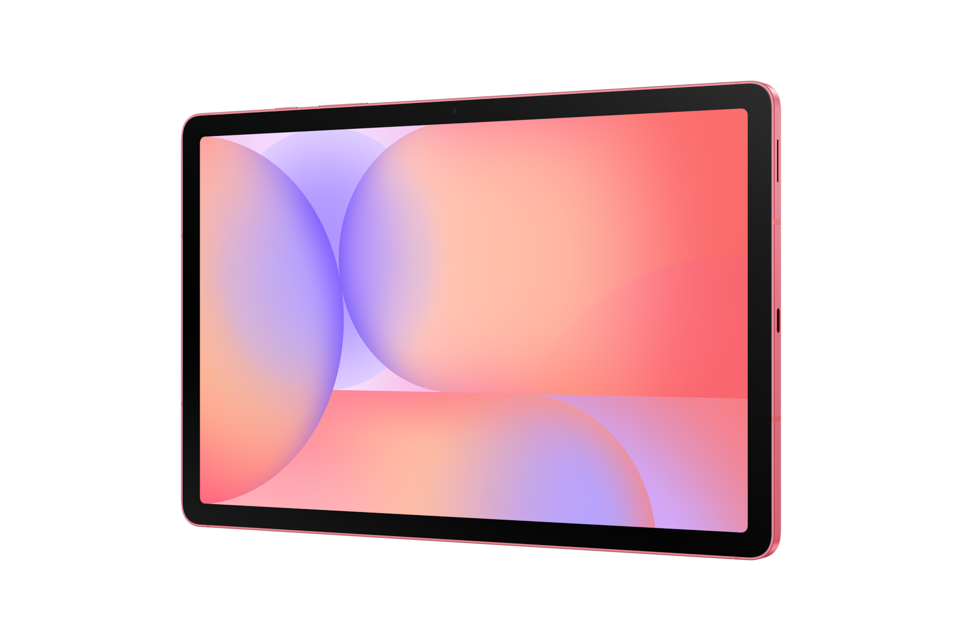 Ein rosafarbenes Tablet vor schwarzem Hintergrund mit einem abstrakten Hintergrundbild aus weichen, rosa und lila Formen.