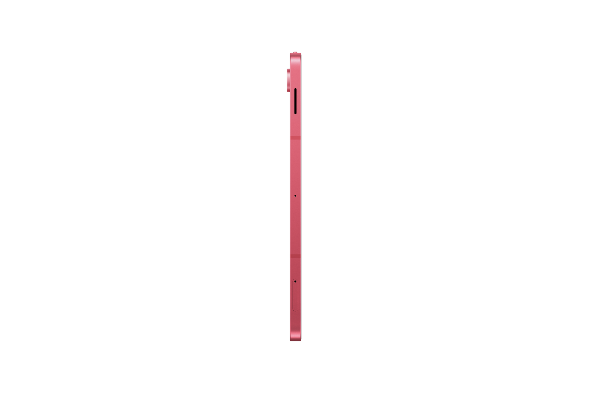 Seitenansicht eines pinken Tablets auf schwarzem Hintergrund mit sichtbaren Tasten.