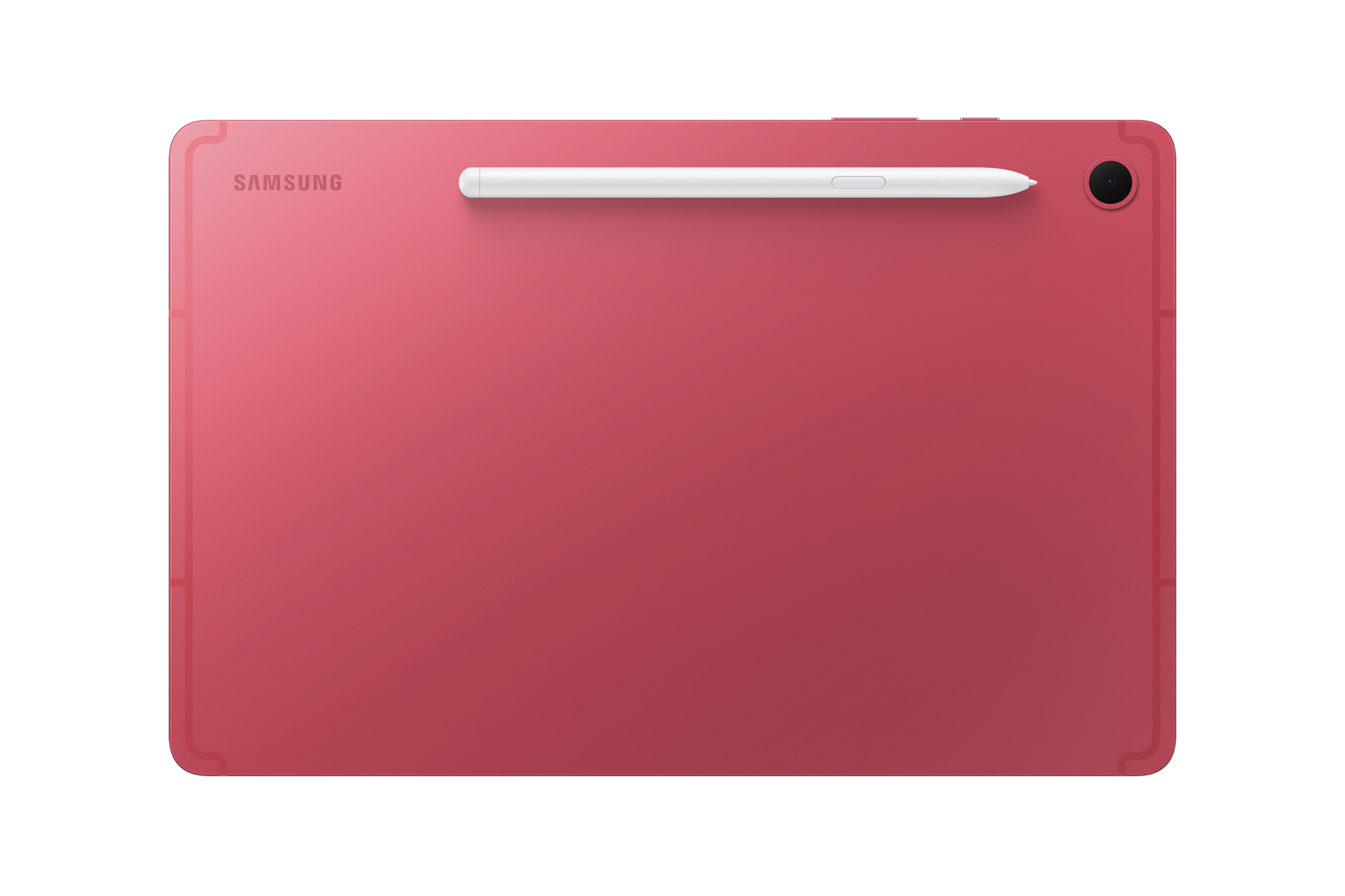 Ein rosafarbenes Samsung-Tablet mit einem weißen Eingabestift, der magnetisch an der Oberkante haftet.