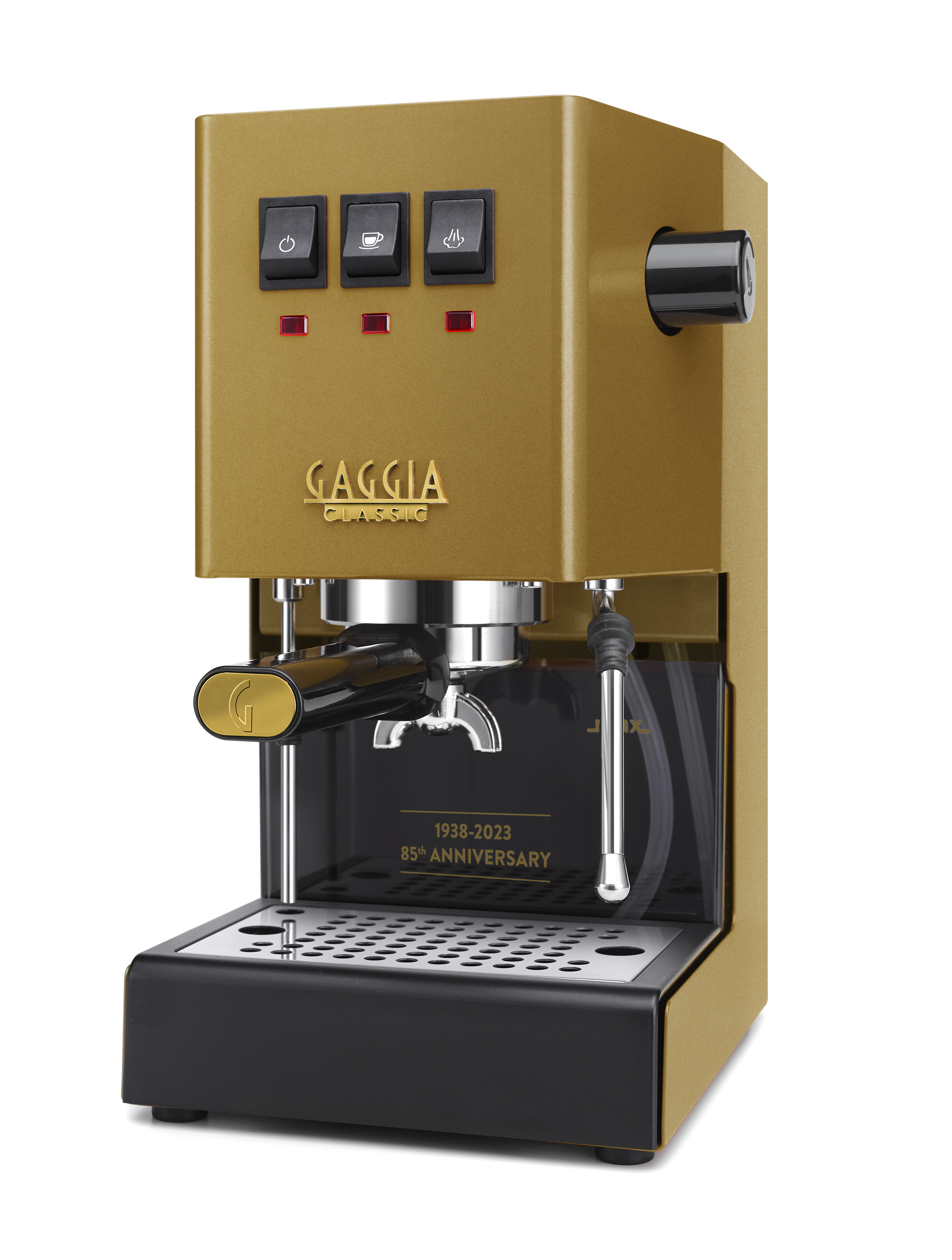 Een gouden Gaggia Classic espressomachine met zwarte voet, drie knoppen en 85-jarig jubileumlogo.