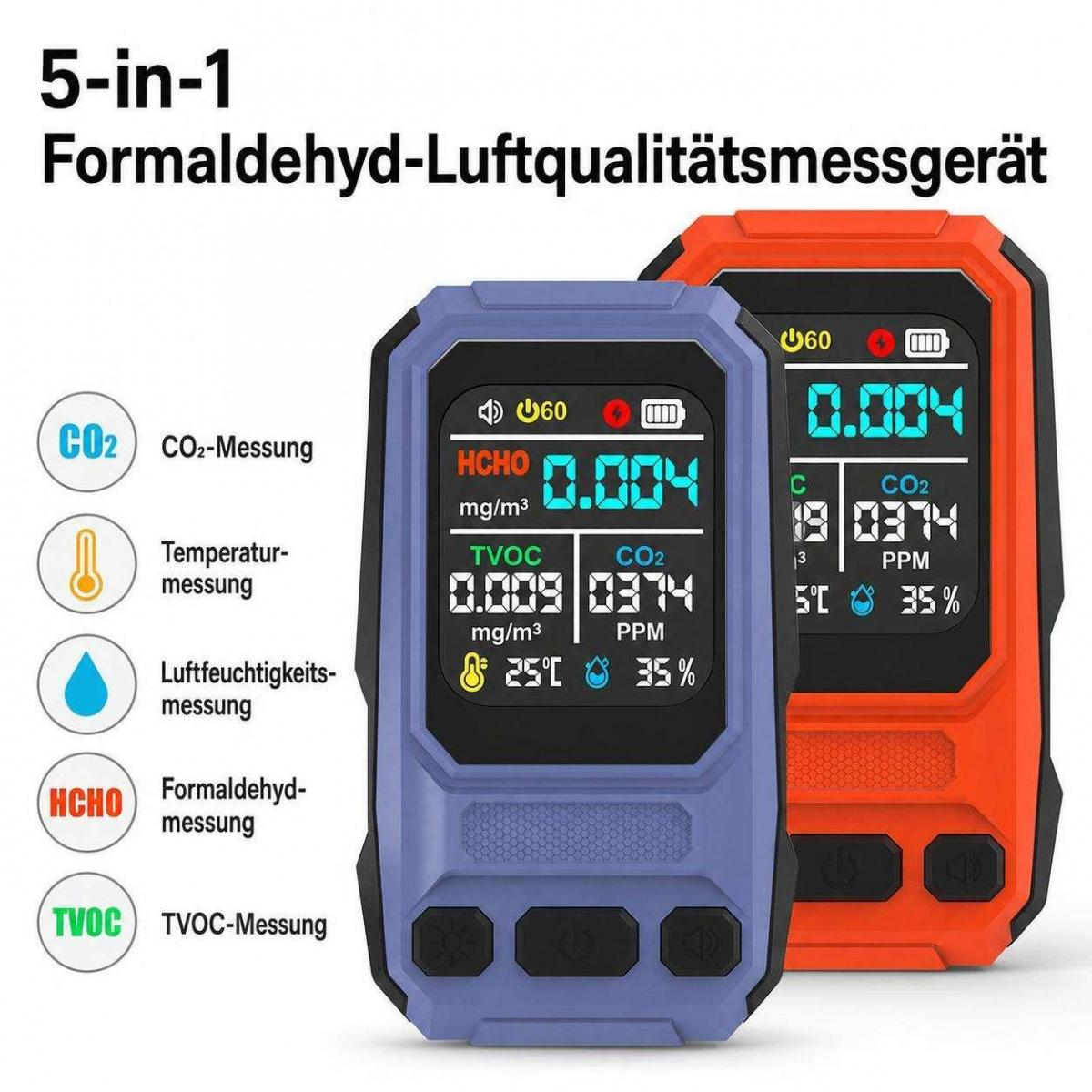 Zwei digitale 5-in-1-Luftqualitätsmessgeräte in Blau und Orange zeigen Messwerte für HCHO, TVOC, CO2, Temperatur und Feuchtigkeit.