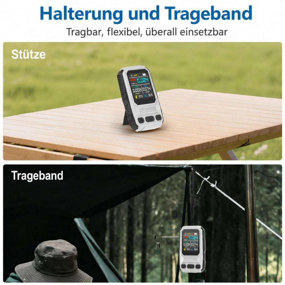 Ein digitales Messgerät steht auf einem Holztisch und hängt an einem Zelt, gezeigt mit Halterung und Trageband.