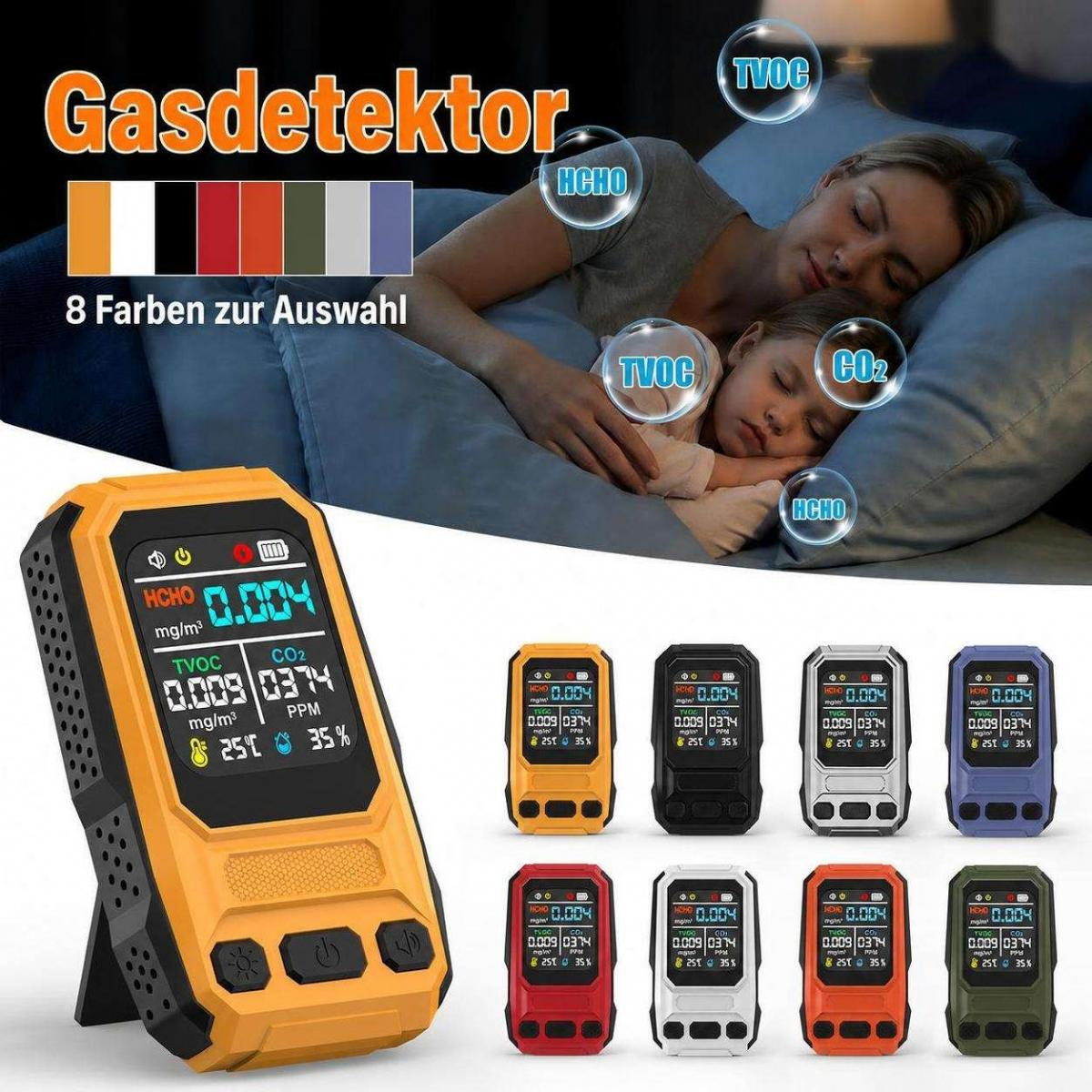 Gelber Gasdetektor für HCHO, TVOC und CO2 mit acht verschiedenen Farboptionen in einer gemütlichen Schlafzimmerkulisse.
