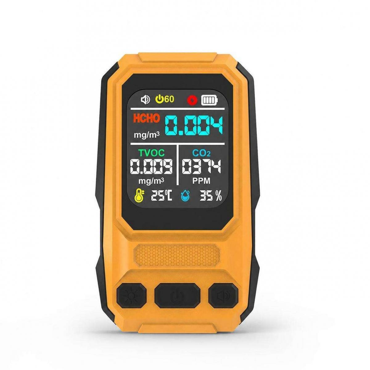 Gelb-schwarzer Luftqualitätsmonitor zeigt HCHO-, TVOC-, CO2-Werte, Temperatur und Luftfeuchtigkeit an.