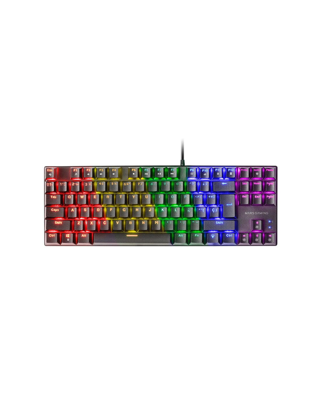 Un teclado mecánico negro para juegos con colorida retroiluminación RGB sobre fondo blanco.