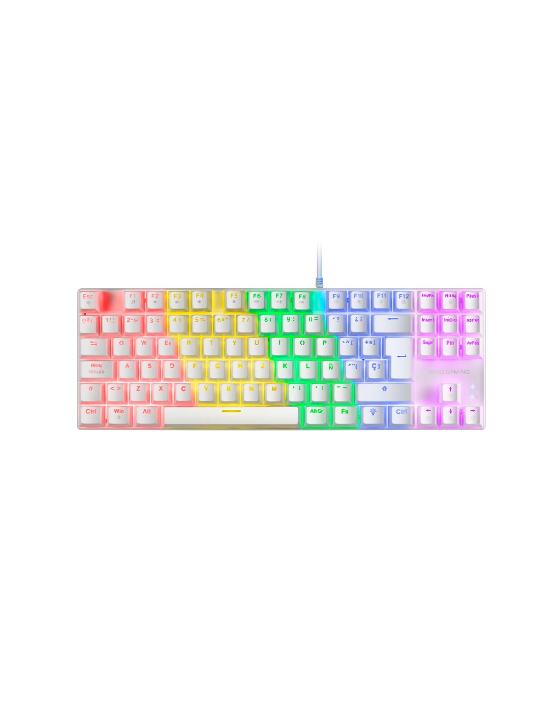 Un teclado mecánico blanco para juegos con retroiluminación RGB de arco iris se muestra desde arriba sobre un fondo liso.