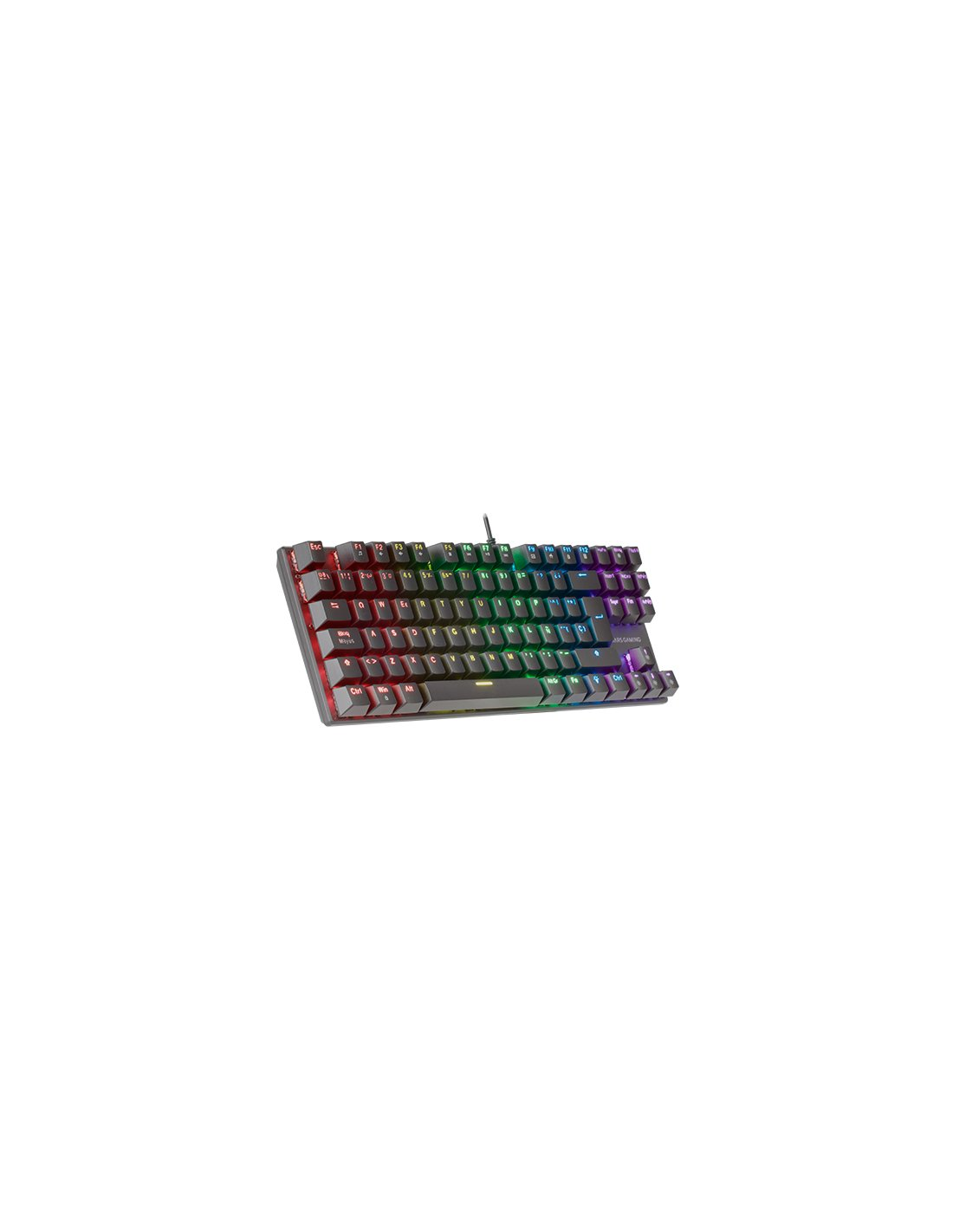 Un teclado de juego negro y compacto con vibrante retroiluminación RGB sobre fondo blanco.