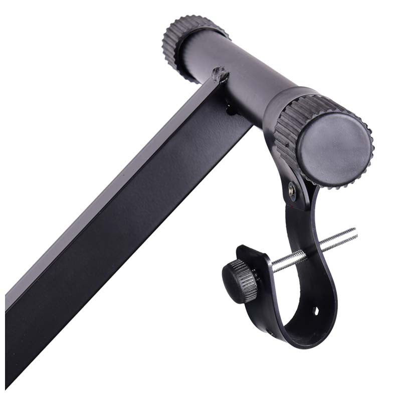 Ein schwarzer Metal-Heimtrainerlenker mit verstellbarer Klemme und Gewindebolzen.